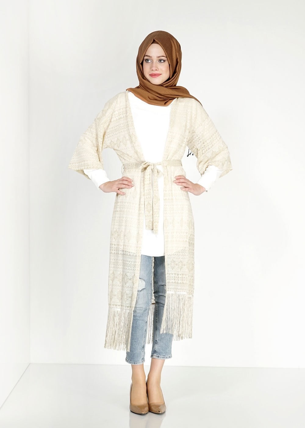 Tesettür giyim BEJ PÜSKÜL DETAYLI TUNİK 4823