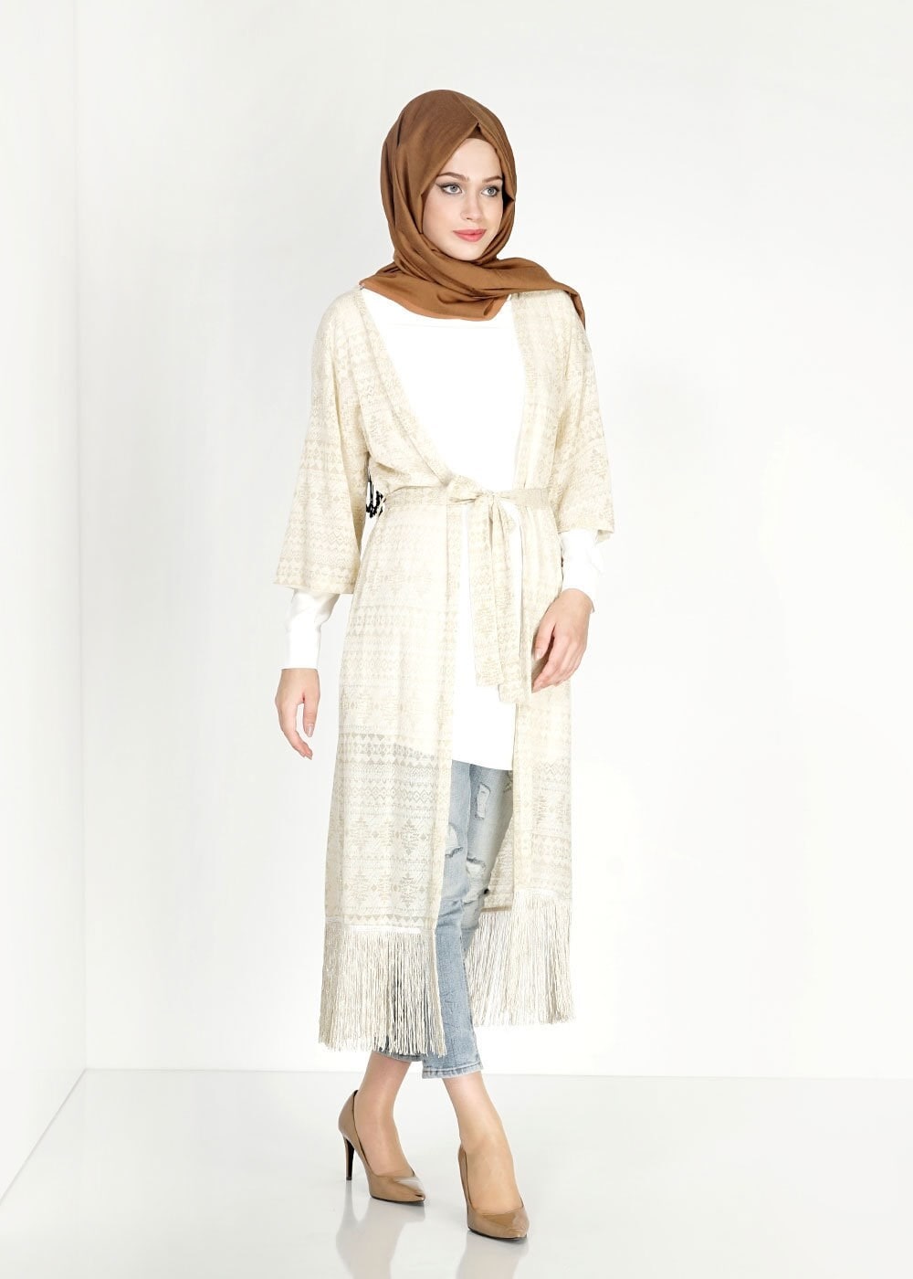 Tesettür giyim BEJ PÜSKÜL DETAYLI TUNİK 4823