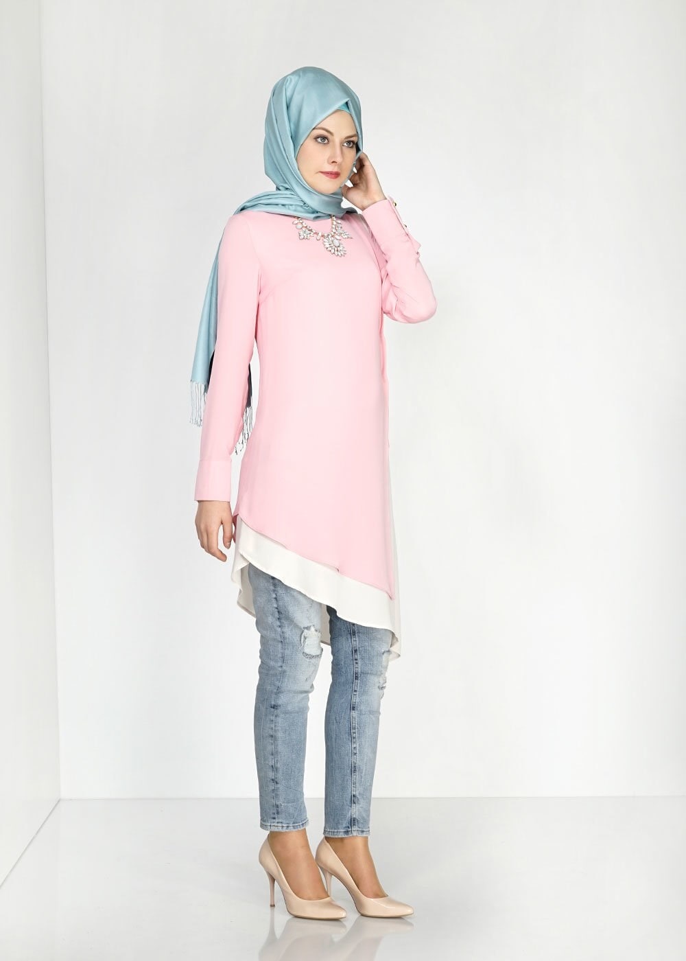 Tesettür giyim PUDRA ASİMETRİK KESİM TUNİK 4830