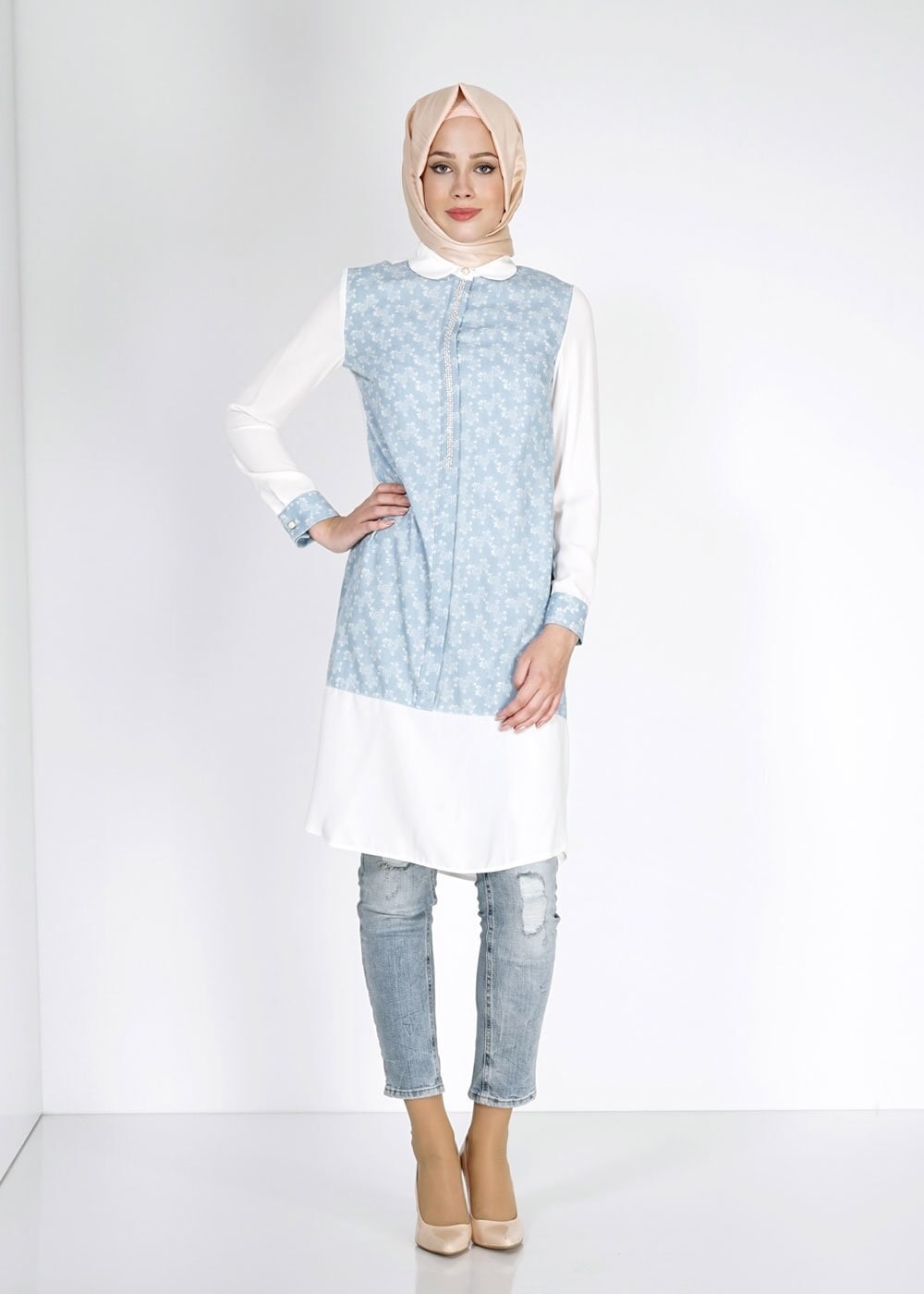 Tesettür giyim MAVİ DESENLİ TUNİK 4858