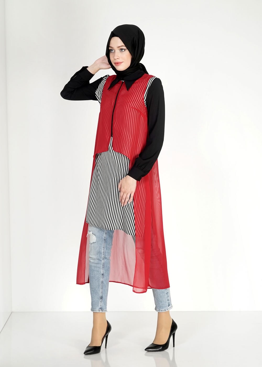 Tesettür giyim BORDO ÇİZGİLİ İKİLİ ŞİFON TUNİK 4861