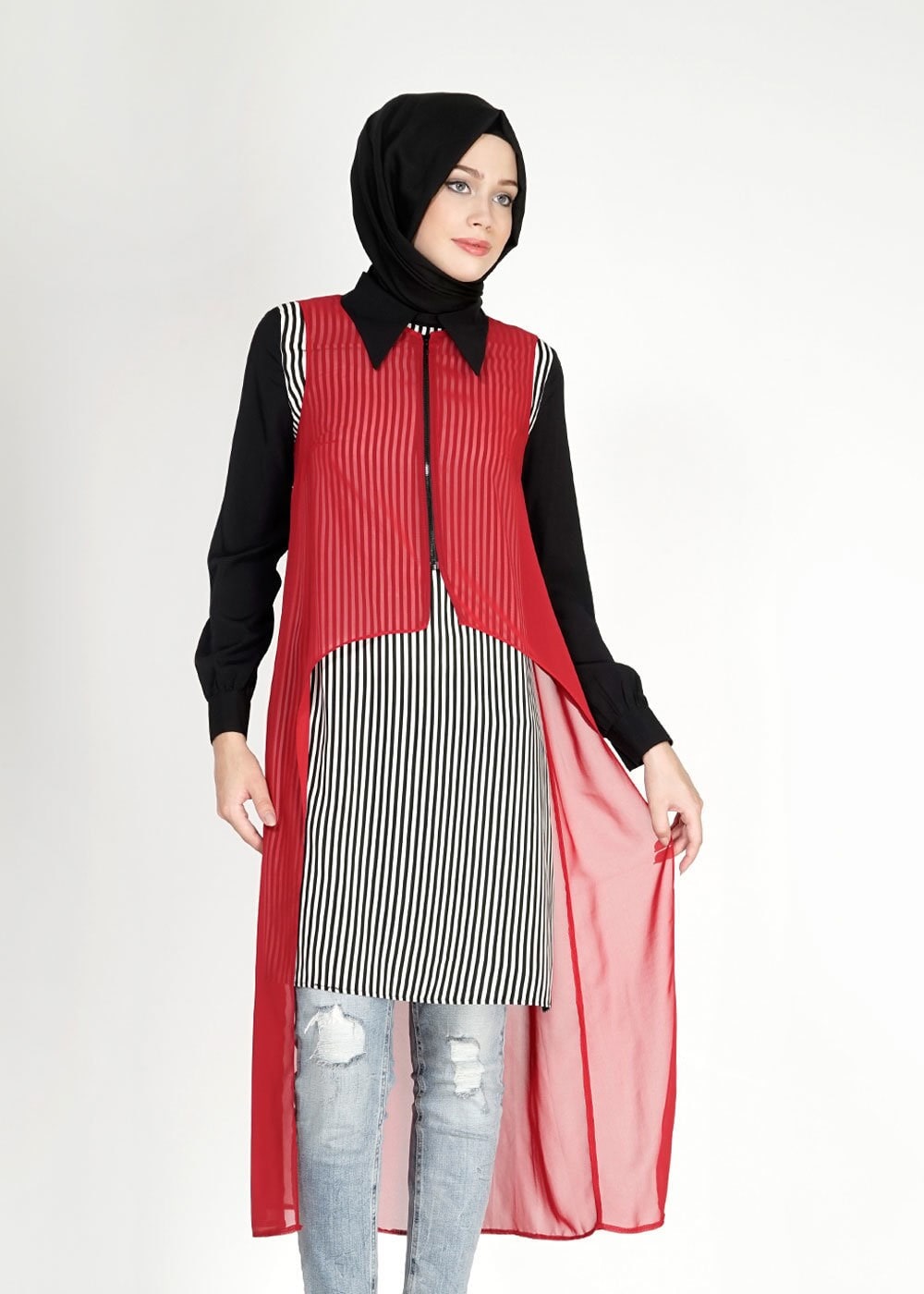 Tesettür giyim BORDO ÇİZGİLİ İKİLİ ŞİFON TUNİK 4861