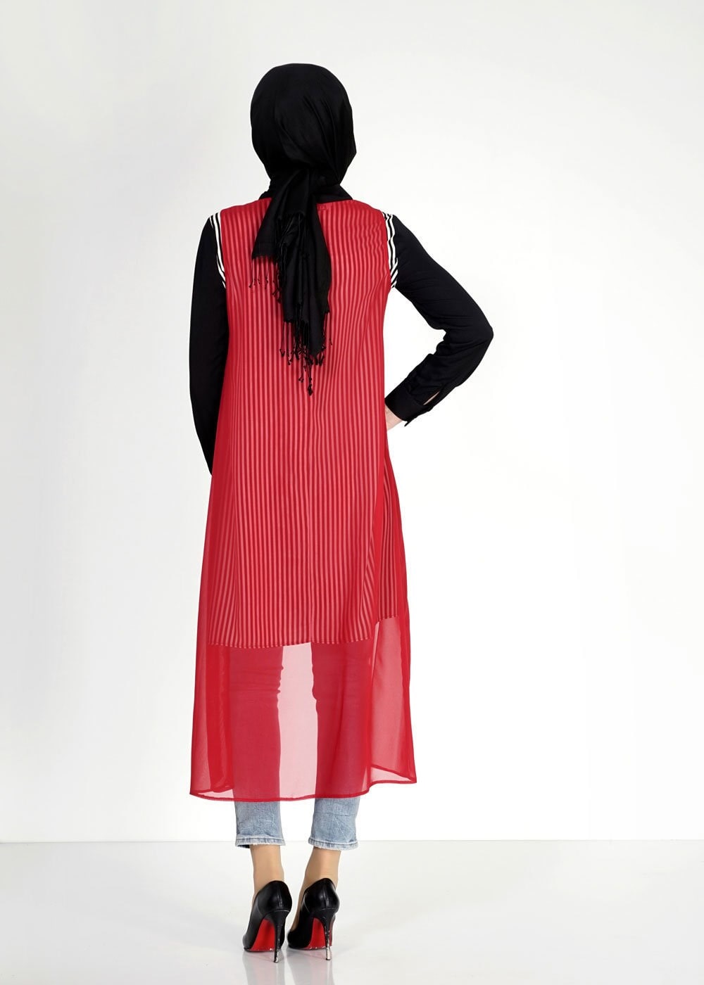 Tesettür giyim BORDO ÇİZGİLİ İKİLİ ŞİFON TUNİK 4861