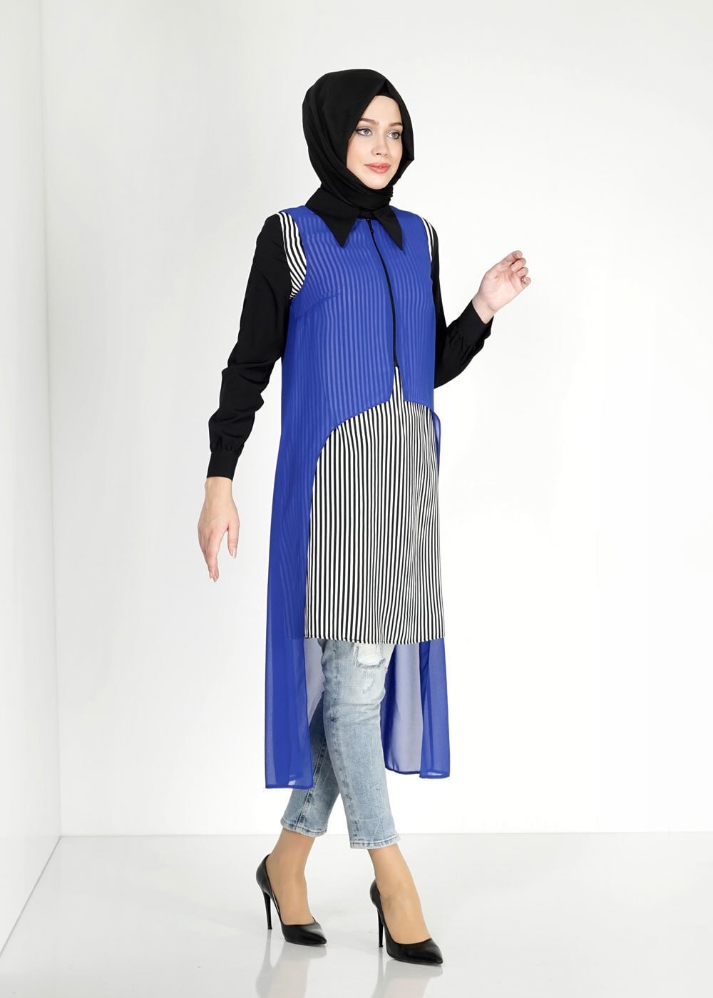 Tesettür giyim LACİVERT ÇİZGİLİ İKİLİ ŞİFON TUNİK 4861