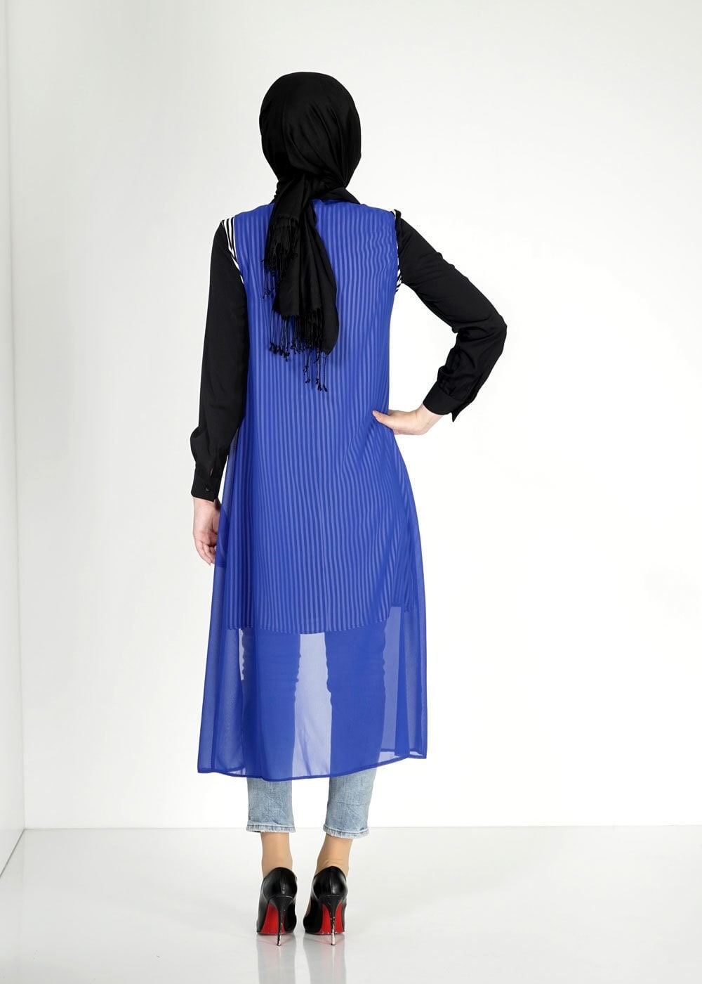 Tesettür giyim LACİVERT ÇİZGİLİ İKİLİ ŞİFON TUNİK 4861