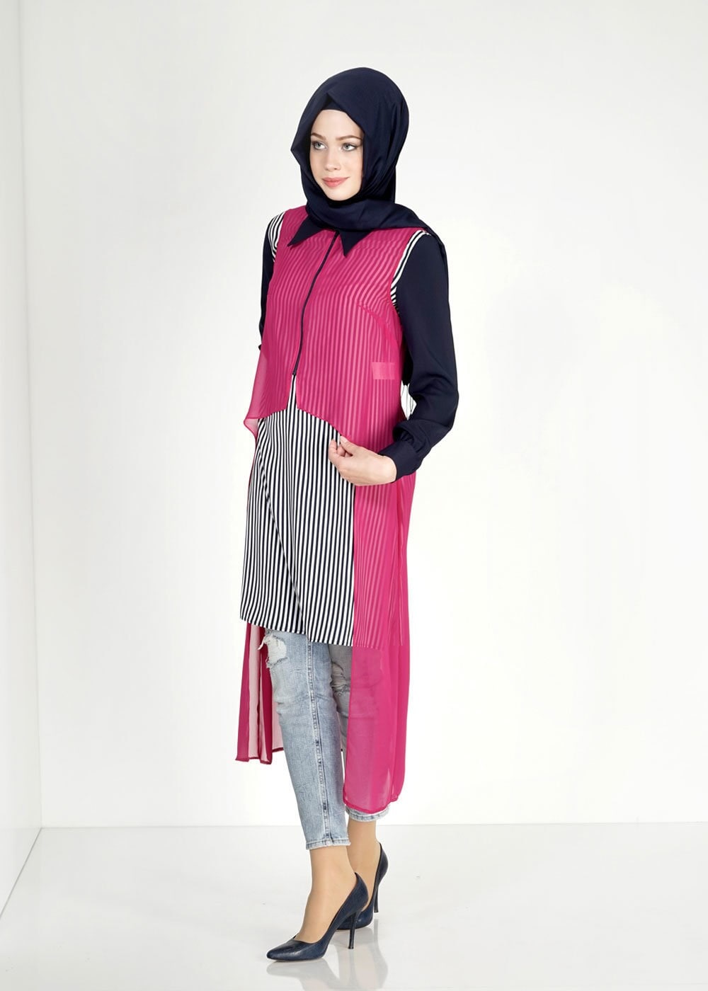 Tesettür giyim MOR ÇİZGİLİ İKİLİ ŞİFON TUNİK 4861