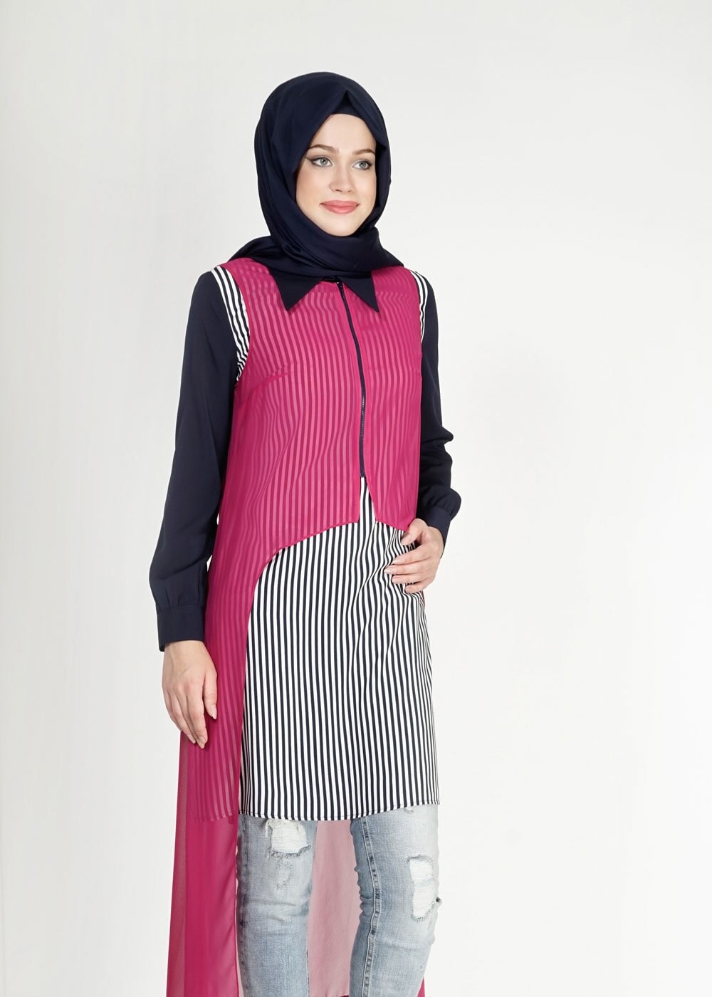Tesettür giyim MOR ÇİZGİLİ İKİLİ ŞİFON TUNİK 4861