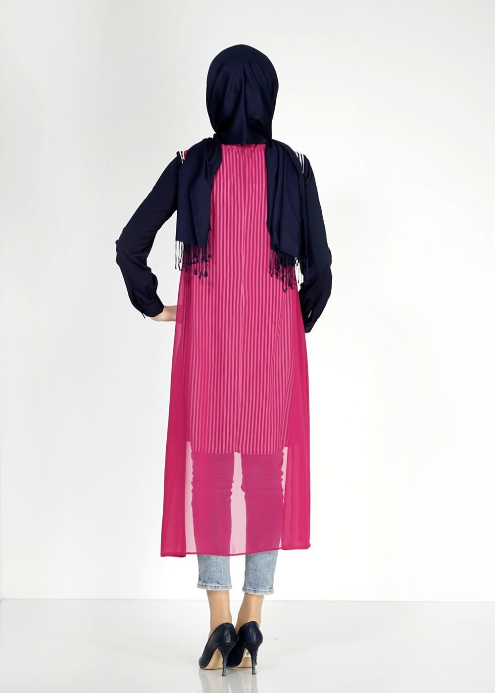 Tesettür giyim MOR ÇİZGİLİ İKİLİ ŞİFON TUNİK 4861