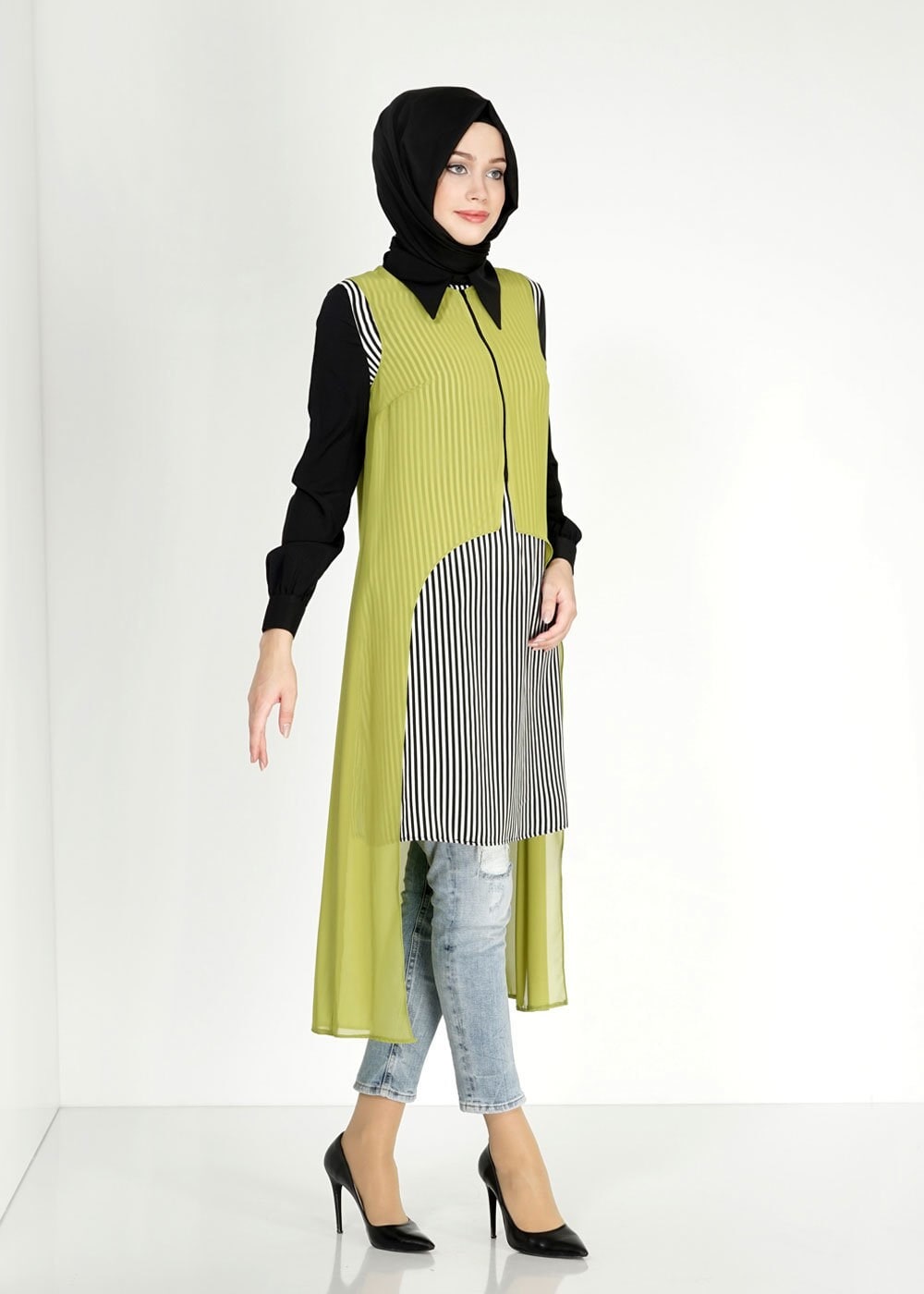 Tesettür giyim YEŞİL ÇİZGİLİ İKİLİ ŞİFON TUNİK 4861