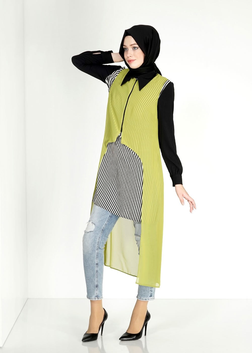 Tesettür giyim YEŞİL ÇİZGİLİ İKİLİ ŞİFON TUNİK 4861
