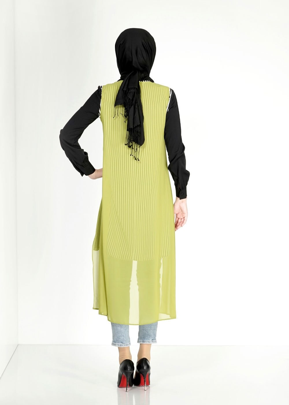 Tesettür giyim YEŞİL ÇİZGİLİ İKİLİ ŞİFON TUNİK 4861