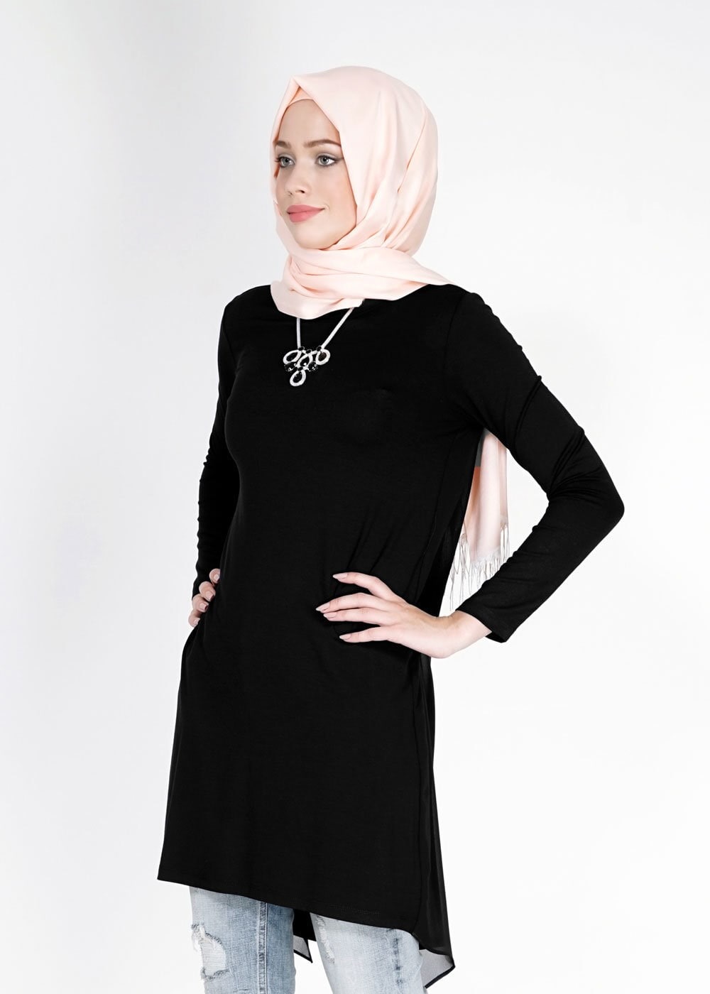 Tesettür giyim SİYAH ASİMETRİK KESİM TUNİK 4878