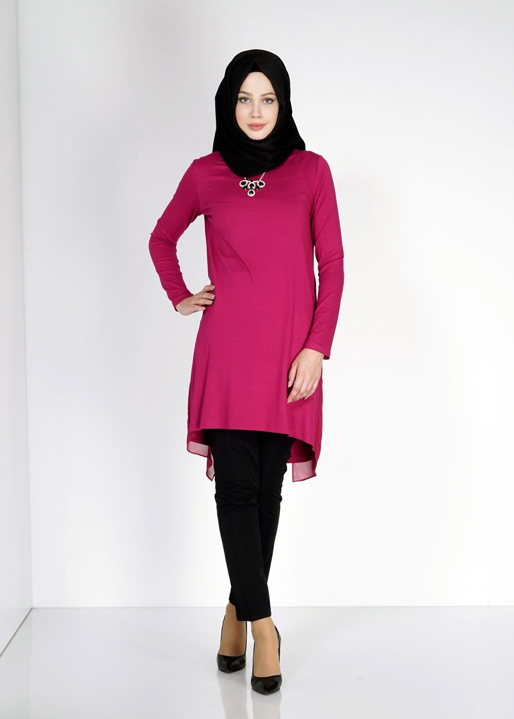 Tesettür giyim FUŞYA ASİMETRİK KESİM TUNİK 4878