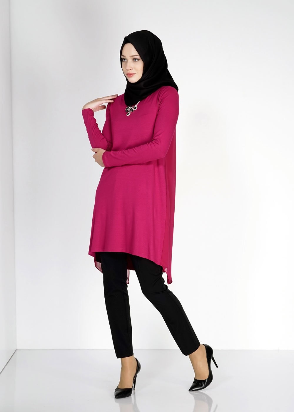 Tesettür giyim FUŞYA ASİMETRİK KESİM TUNİK 4878