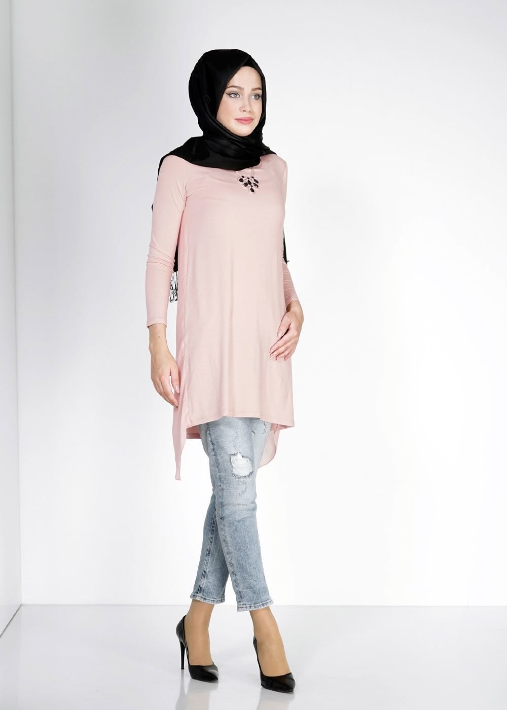 Tesettür giyim PUDRA ASİMETRİK KESİM TUNİK 4878