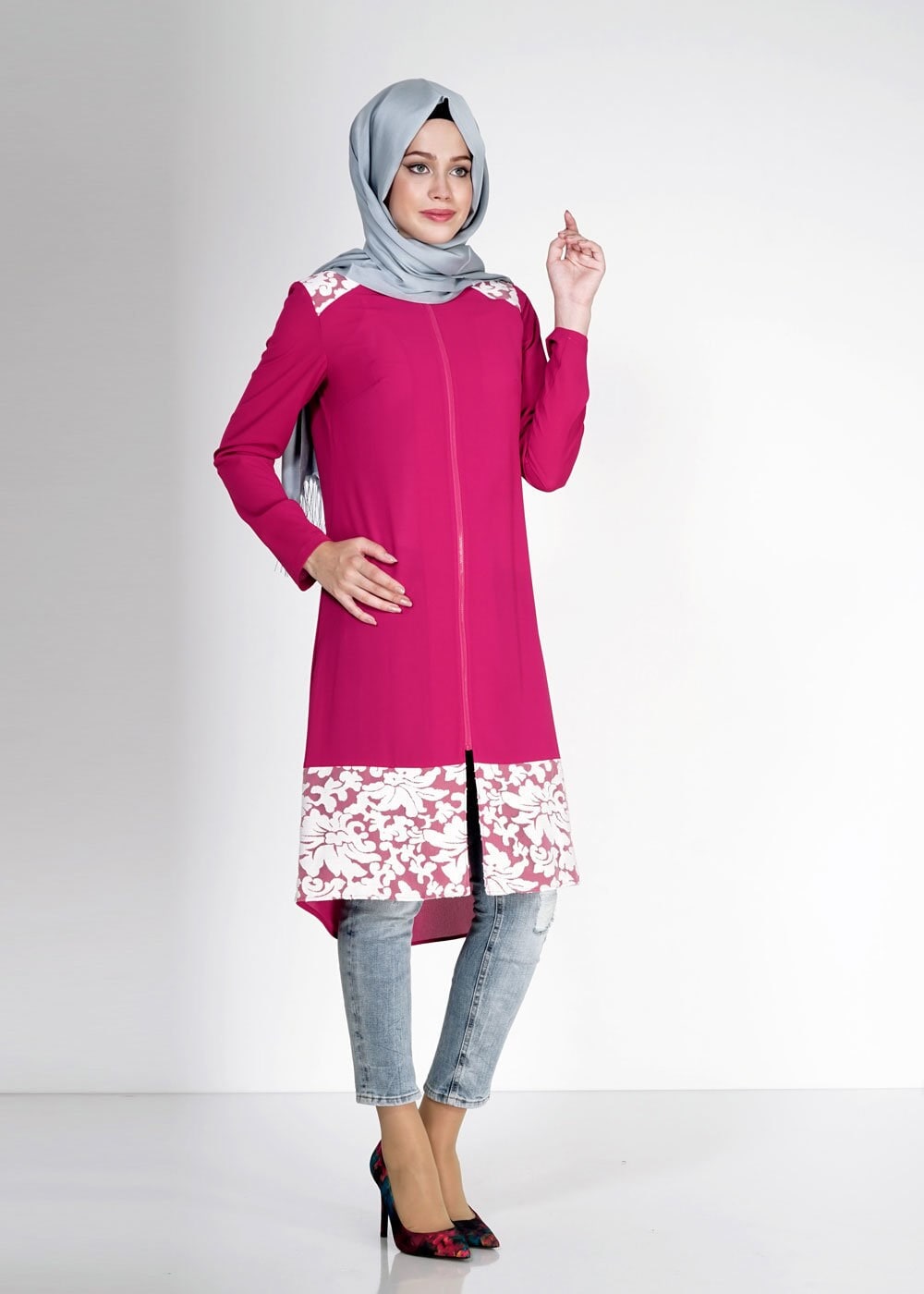 Tesettür giyim FUŞYA FERMUAR DETAYLI İŞLEMELİ TUNİK 4912