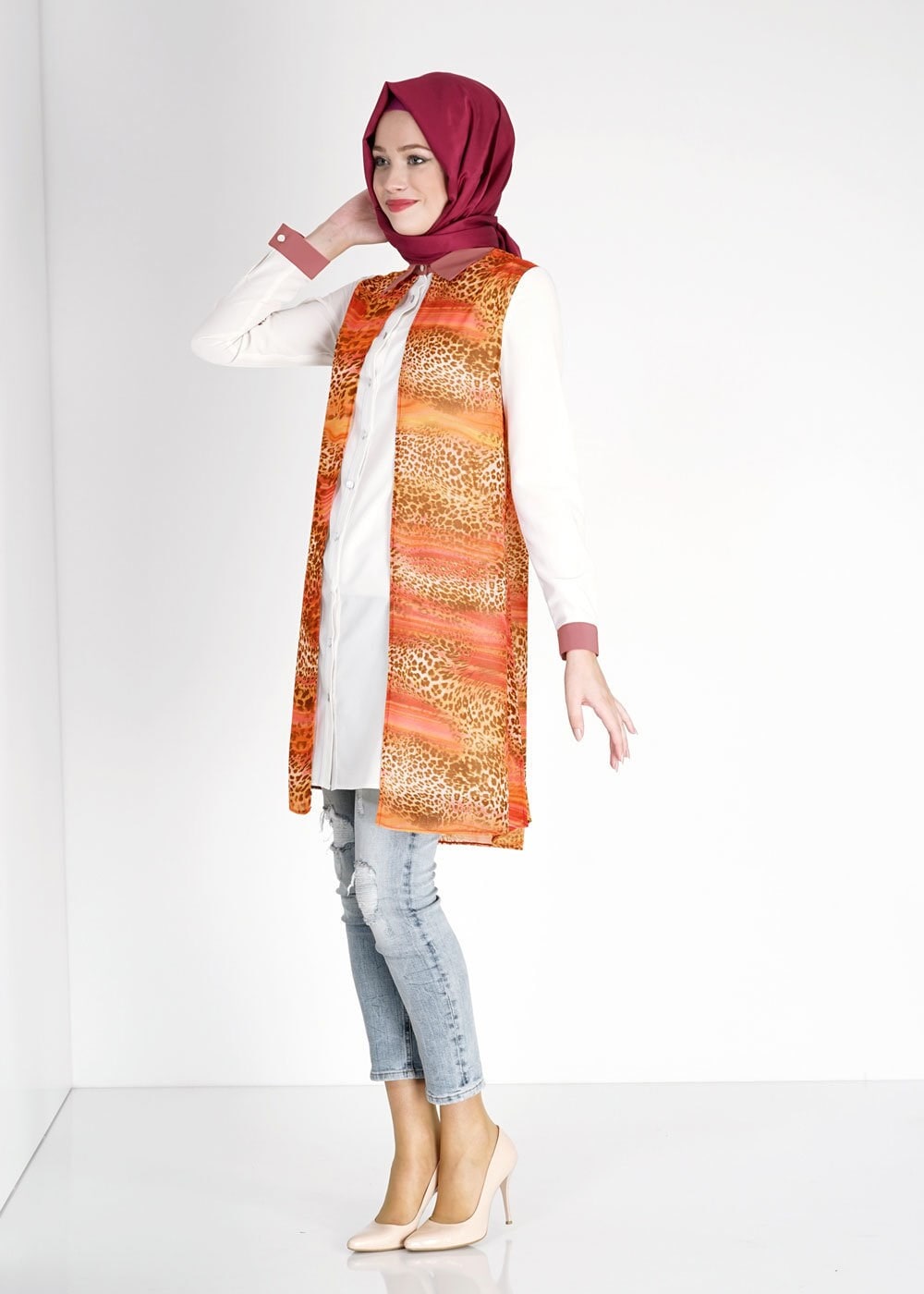 Tesettür giyim TURUNCU LEOPAR DESENLİ GÖMLEK YAKA TUNİK 4947