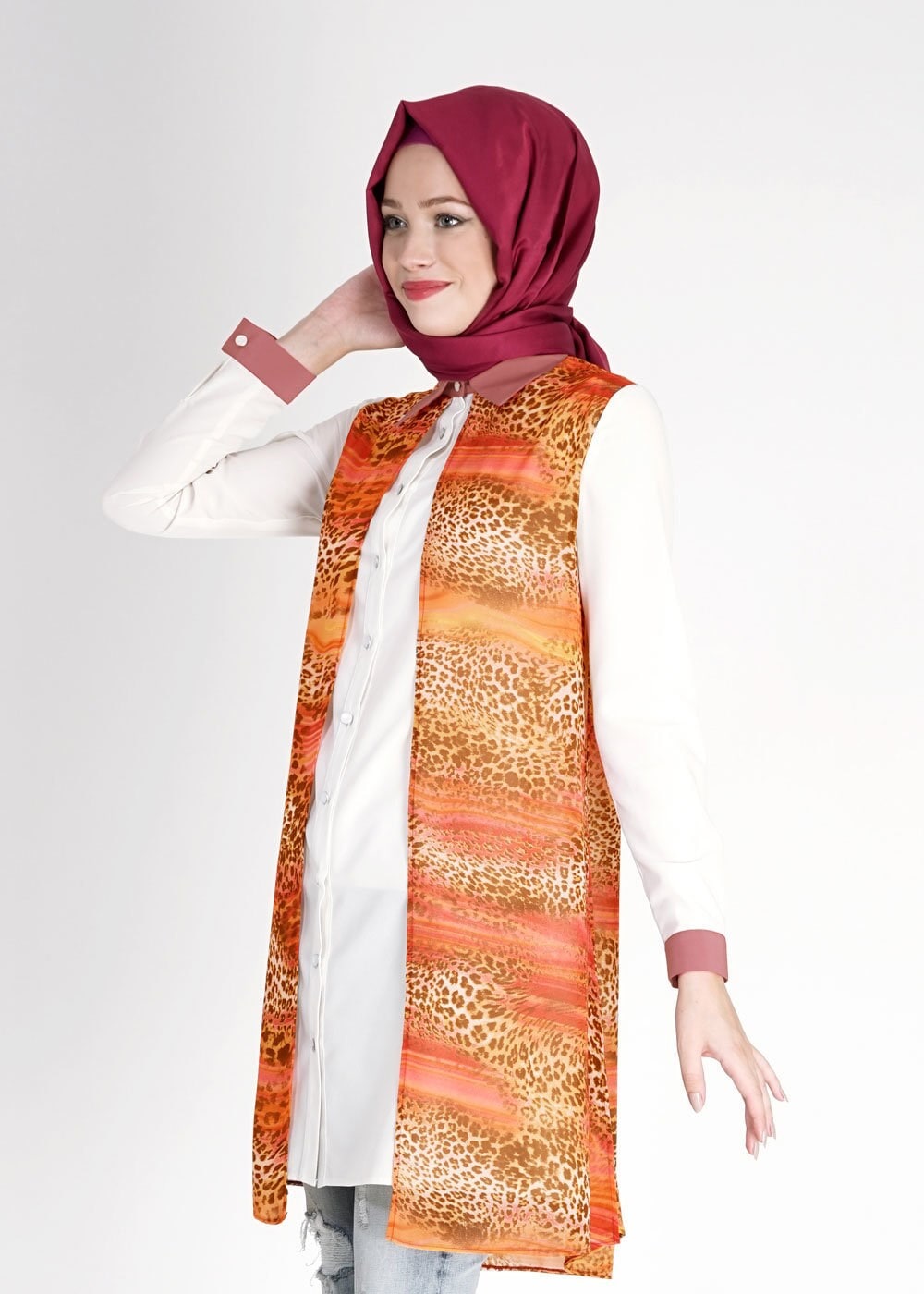 Tesettür giyim TURUNCU LEOPAR DESENLİ GÖMLEK YAKA TUNİK 4947