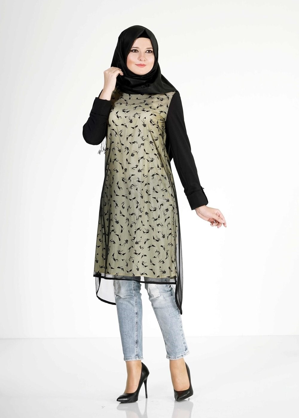 Tesettür giyim SARI DESENLİ TÜL DETAYLI TUNİK 4956