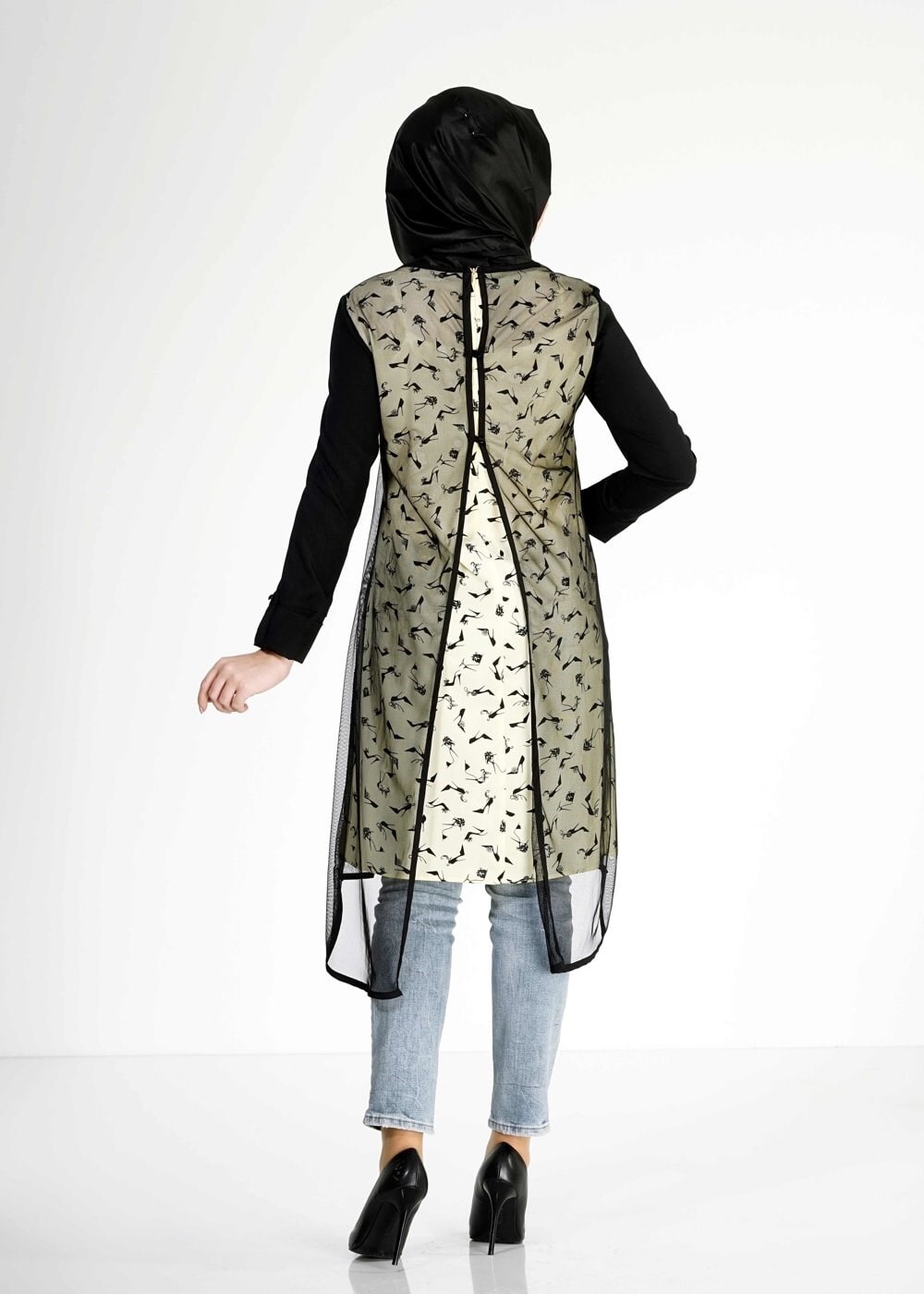 Tesettür giyim SARI DESENLİ TÜL DETAYLI TUNİK 4956