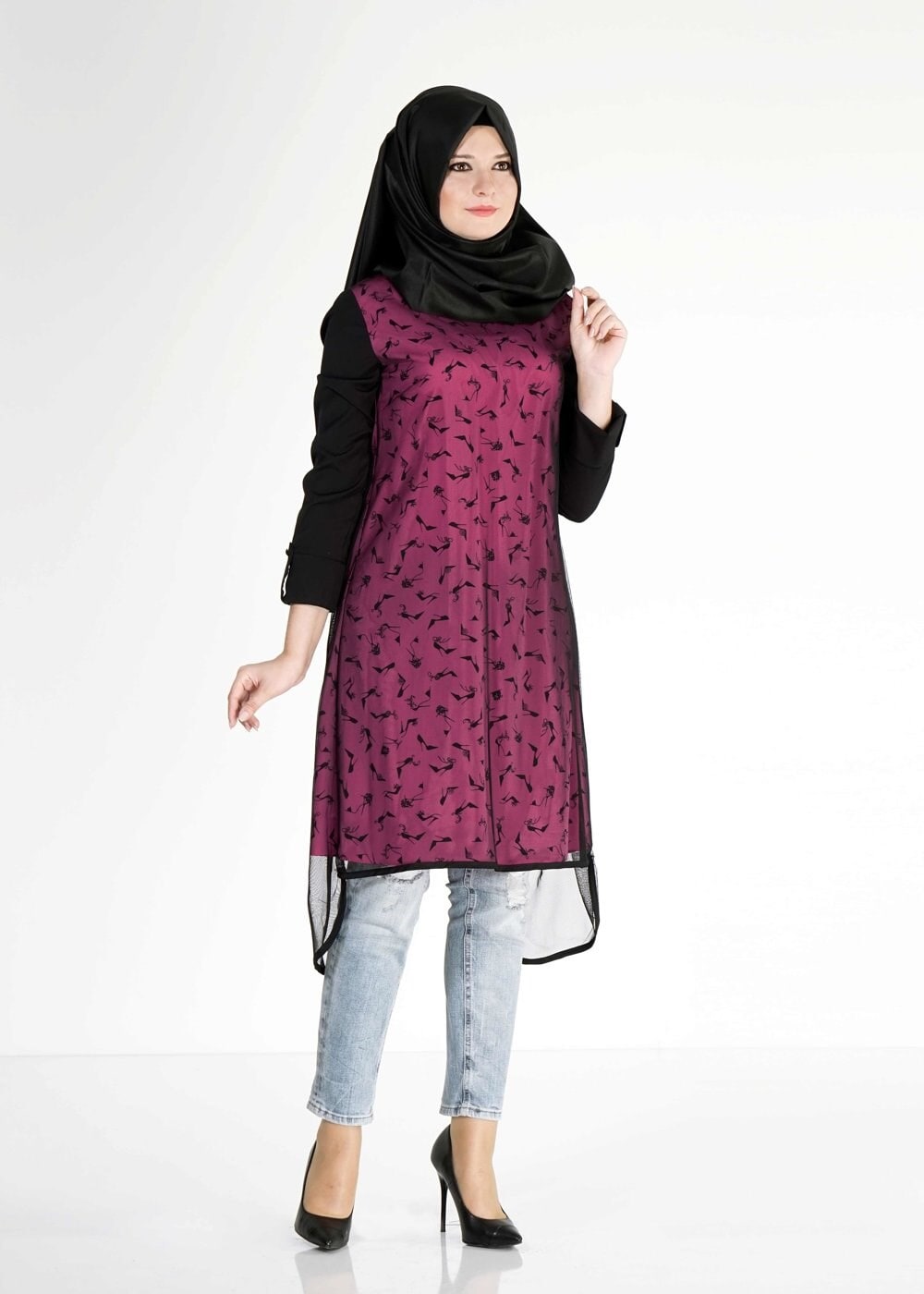 Tesettür giyim FUŞYA DESENLİ TÜL DETAYLI TUNİK 4956