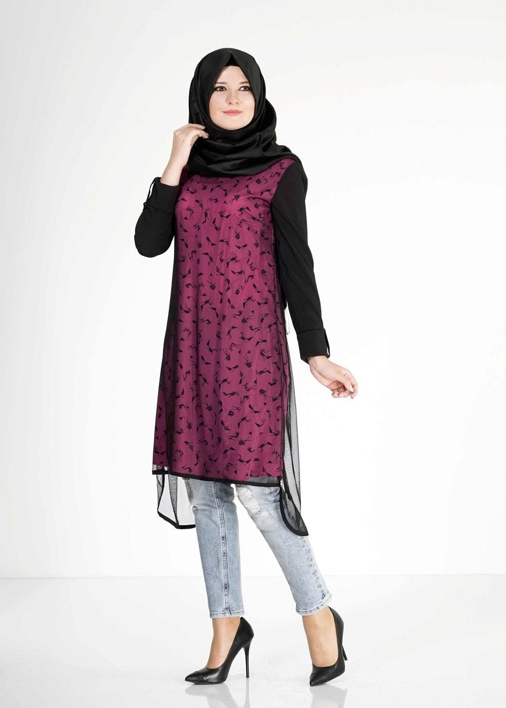 Tesettür giyim FUŞYA DESENLİ TÜL DETAYLI TUNİK 4956