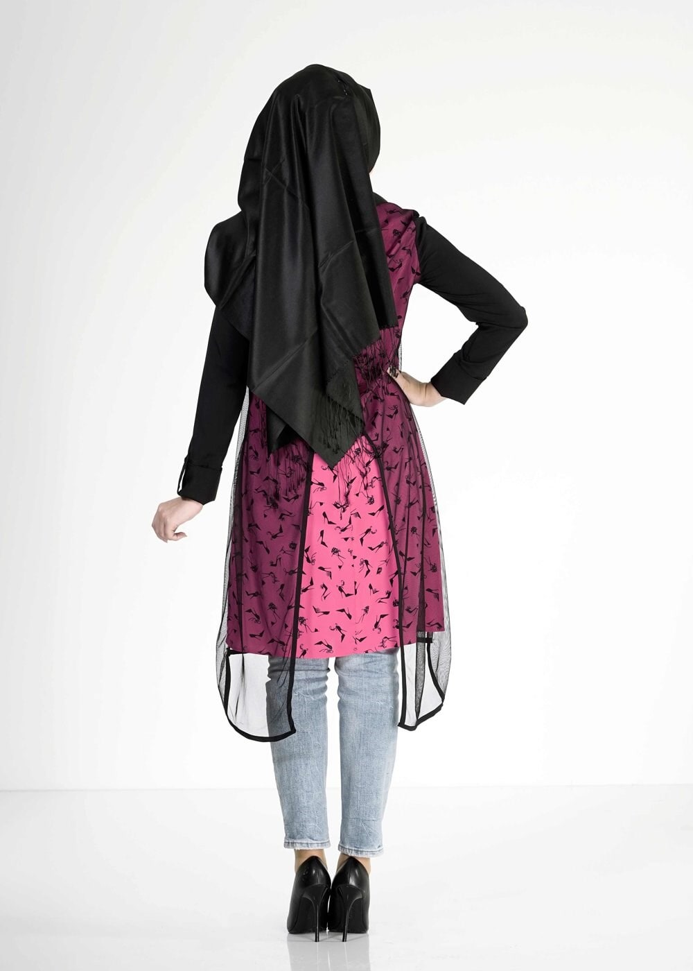 Tesettür giyim FUŞYA DESENLİ TÜL DETAYLI TUNİK 4956