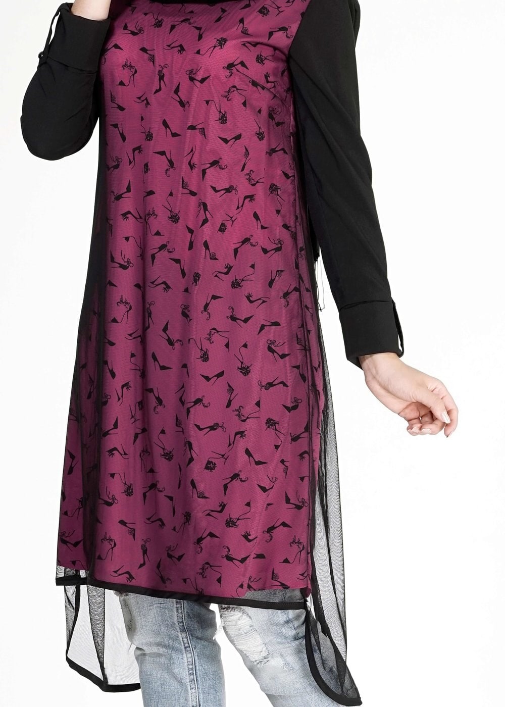 Tesettür giyim FUŞYA DESENLİ TÜL DETAYLI TUNİK 4956