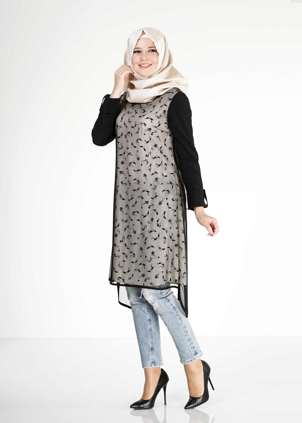 Tesettür giyim PUDRA DESENLİ TÜL DETAYLI TUNİK 4956