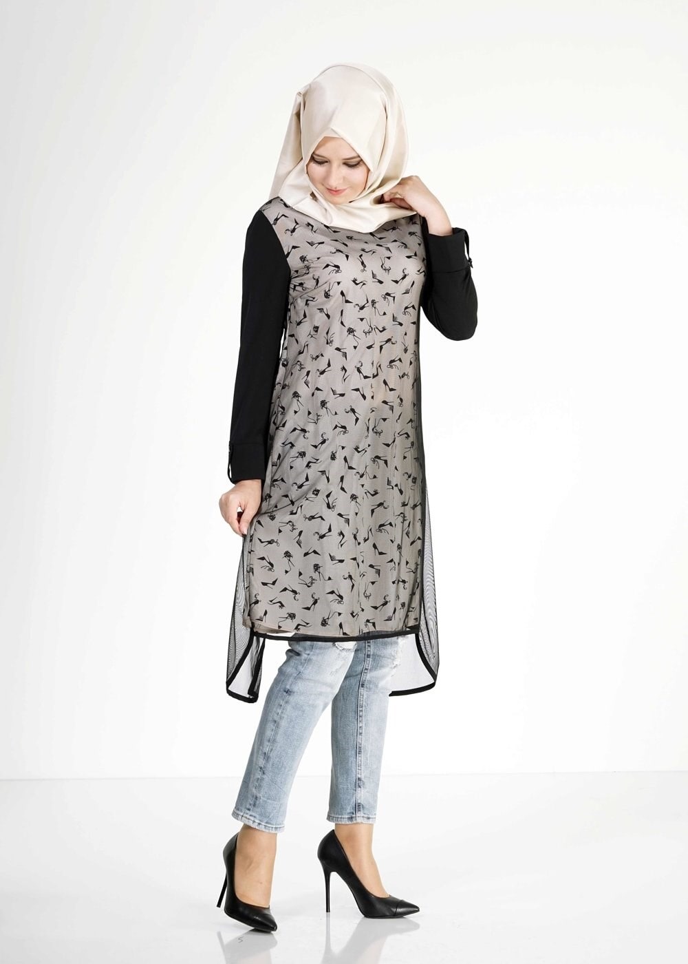 Tesettür giyim PUDRA DESENLİ TÜL DETAYLI TUNİK 4956