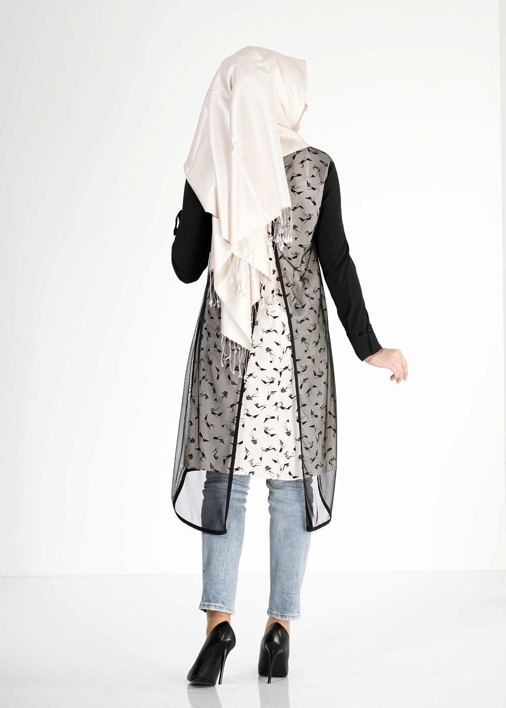 Tesettür giyim PUDRA DESENLİ TÜL DETAYLI TUNİK 4956