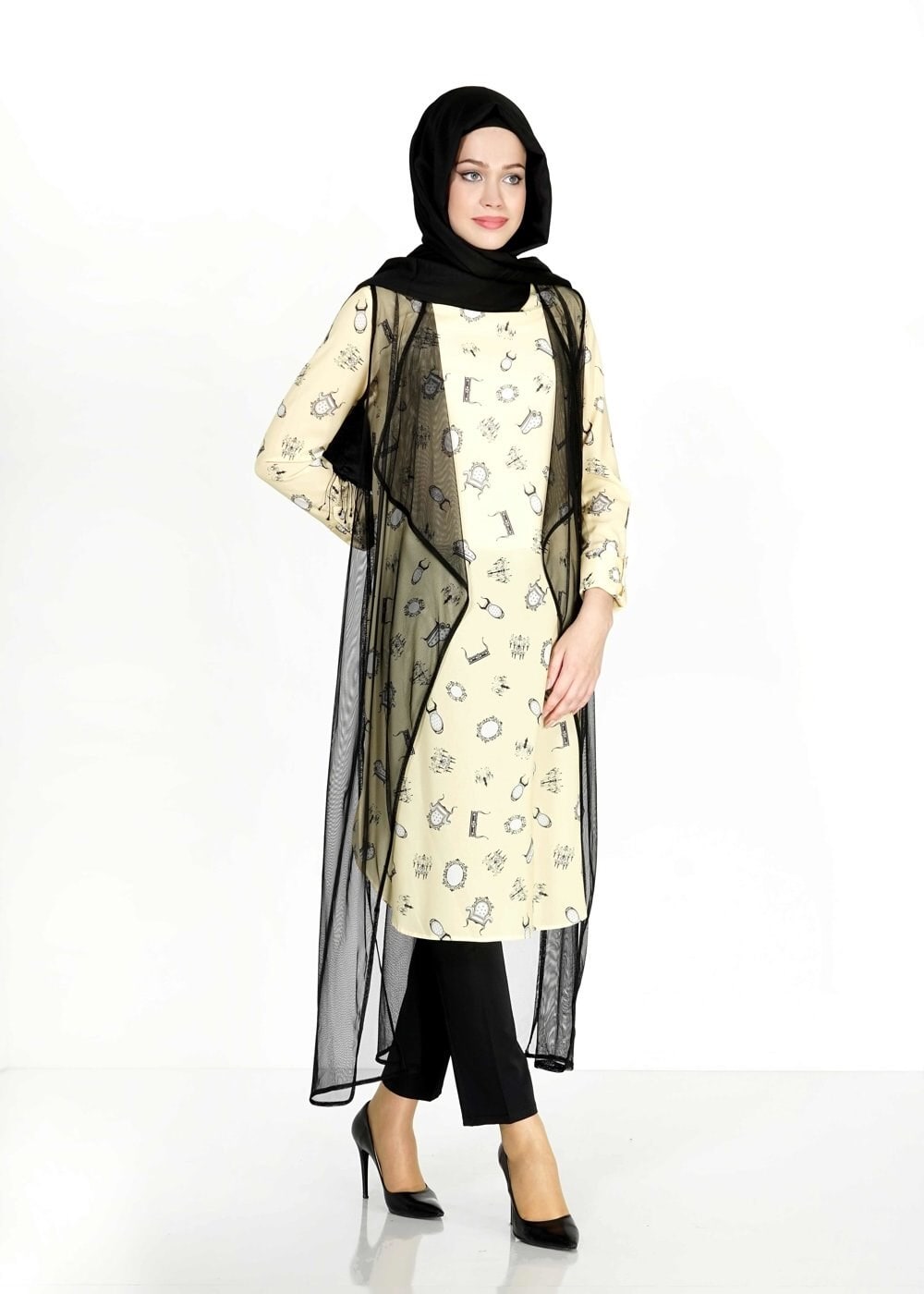 Tesettür giyim SARI MIX DESENLİ TÜL DETAYLI İKİLİ TUNİK 4957