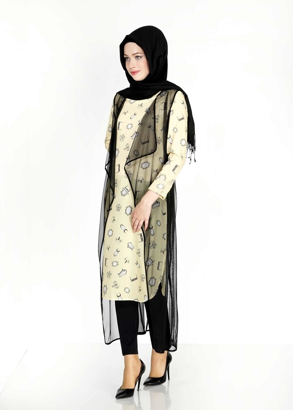 Tesettür giyim SARI MIX DESENLİ TÜL DETAYLI İKİLİ TUNİK 4957