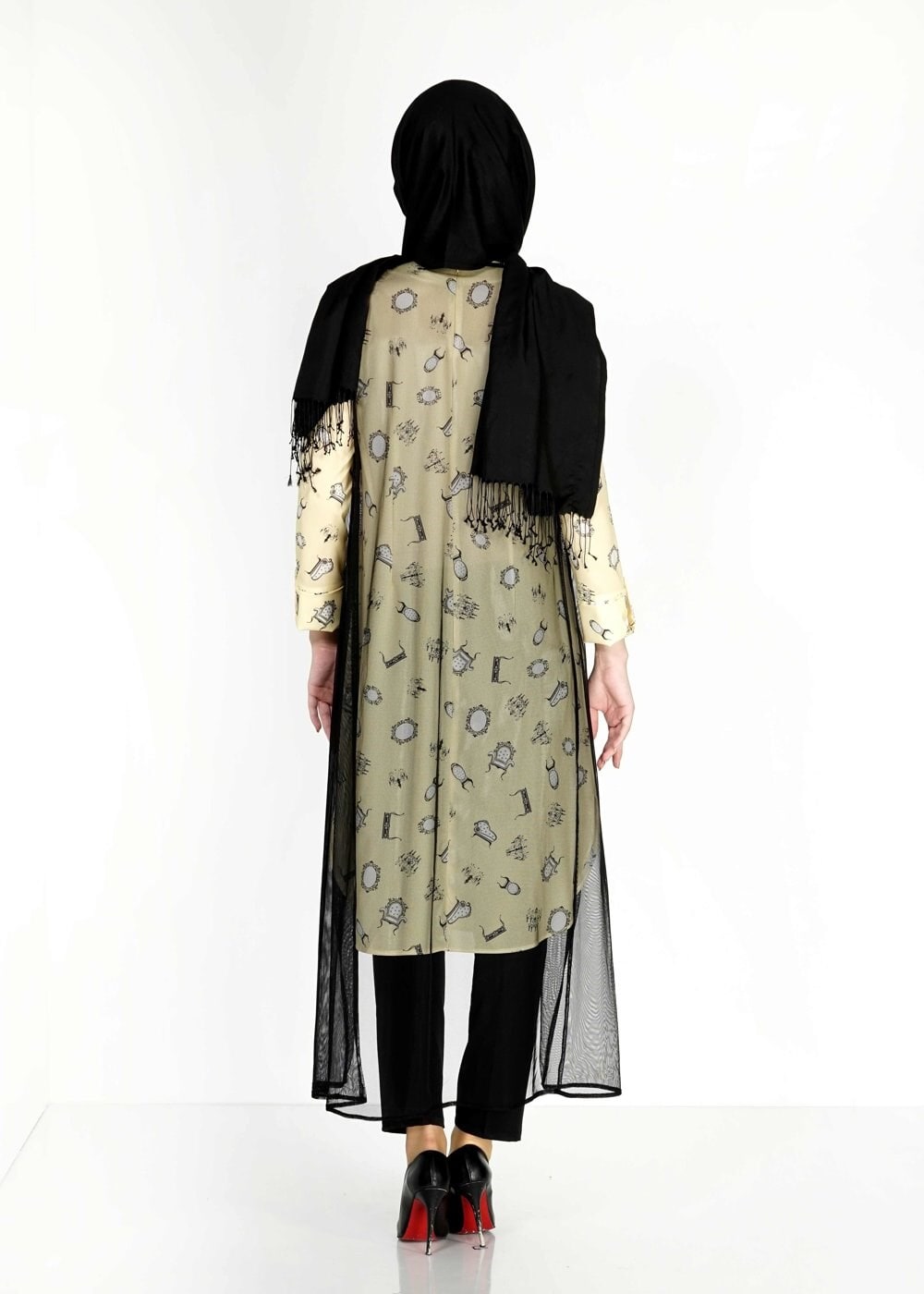 Tesettür giyim SARI MIX DESENLİ TÜL DETAYLI İKİLİ TUNİK 4957