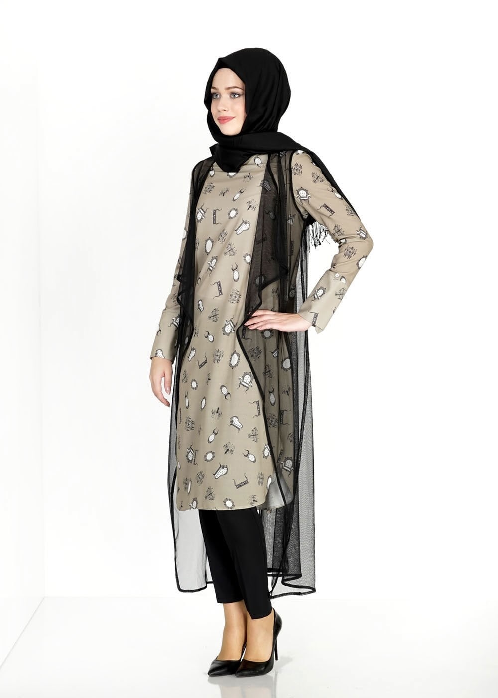 Tesettür giyim HAKİ MIX DESENLİ TÜL DETAYLI İKİLİ TUNİK 4957