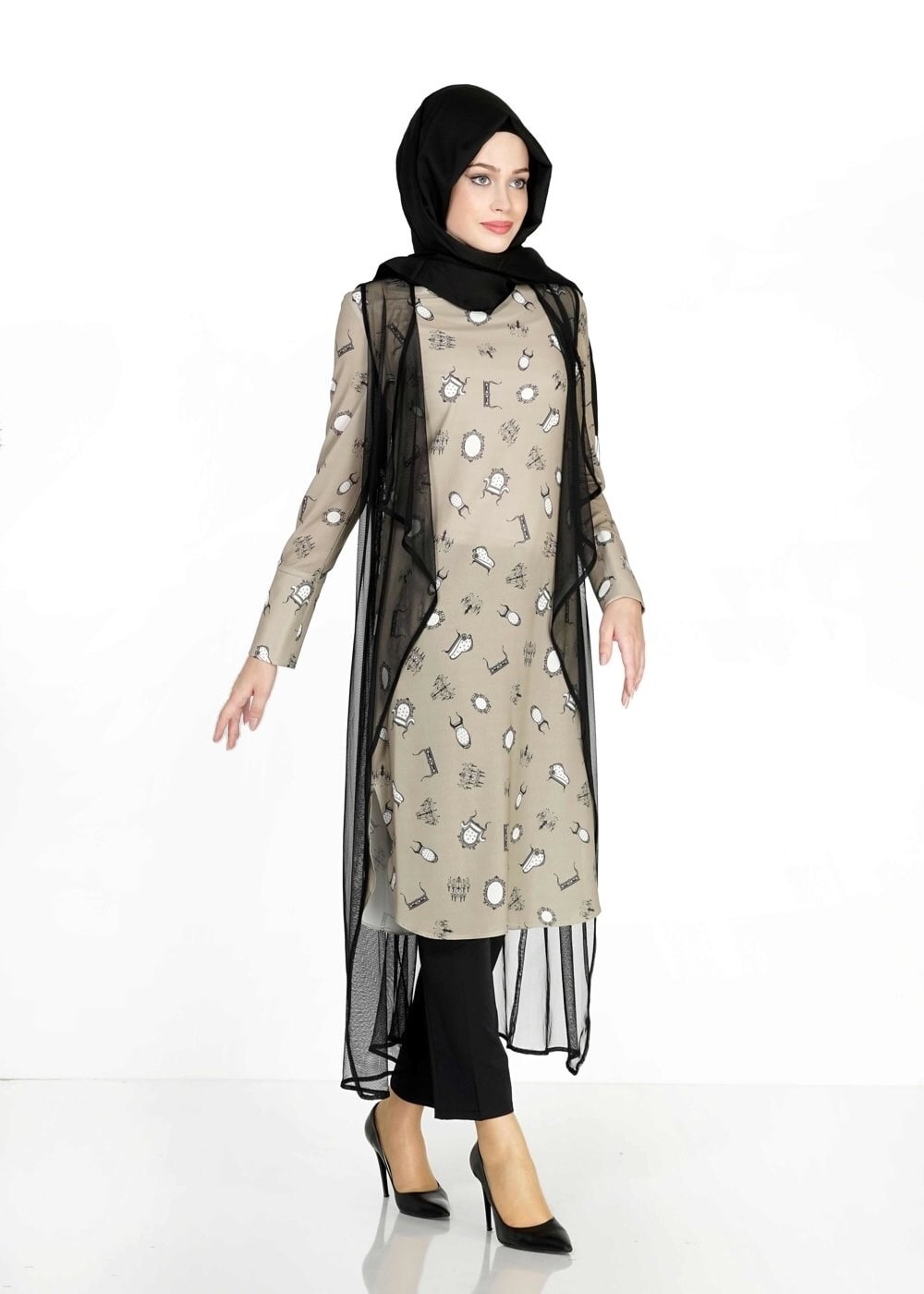 Tesettür giyim HAKİ MIX DESENLİ TÜL DETAYLI İKİLİ TUNİK 4957