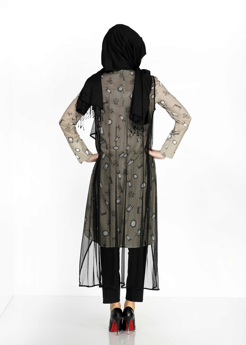 Tesettür giyim HAKİ MIX DESENLİ TÜL DETAYLI İKİLİ TUNİK 4957