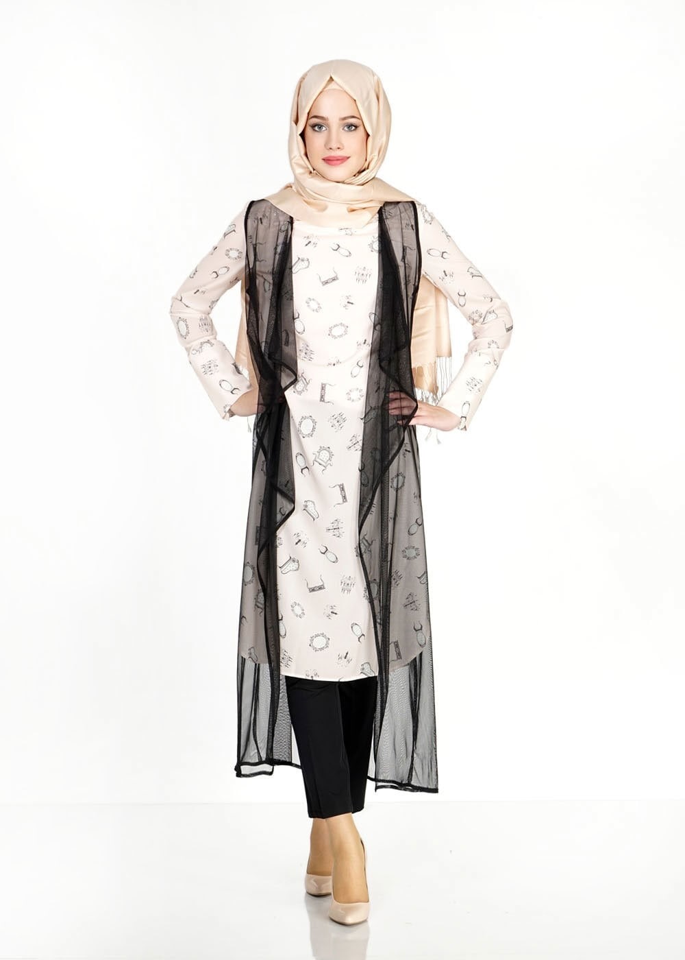 Tesettür giyim PUDRA MIX DESENLİ TÜL DETAYLI İKİLİ TUNİK 4957