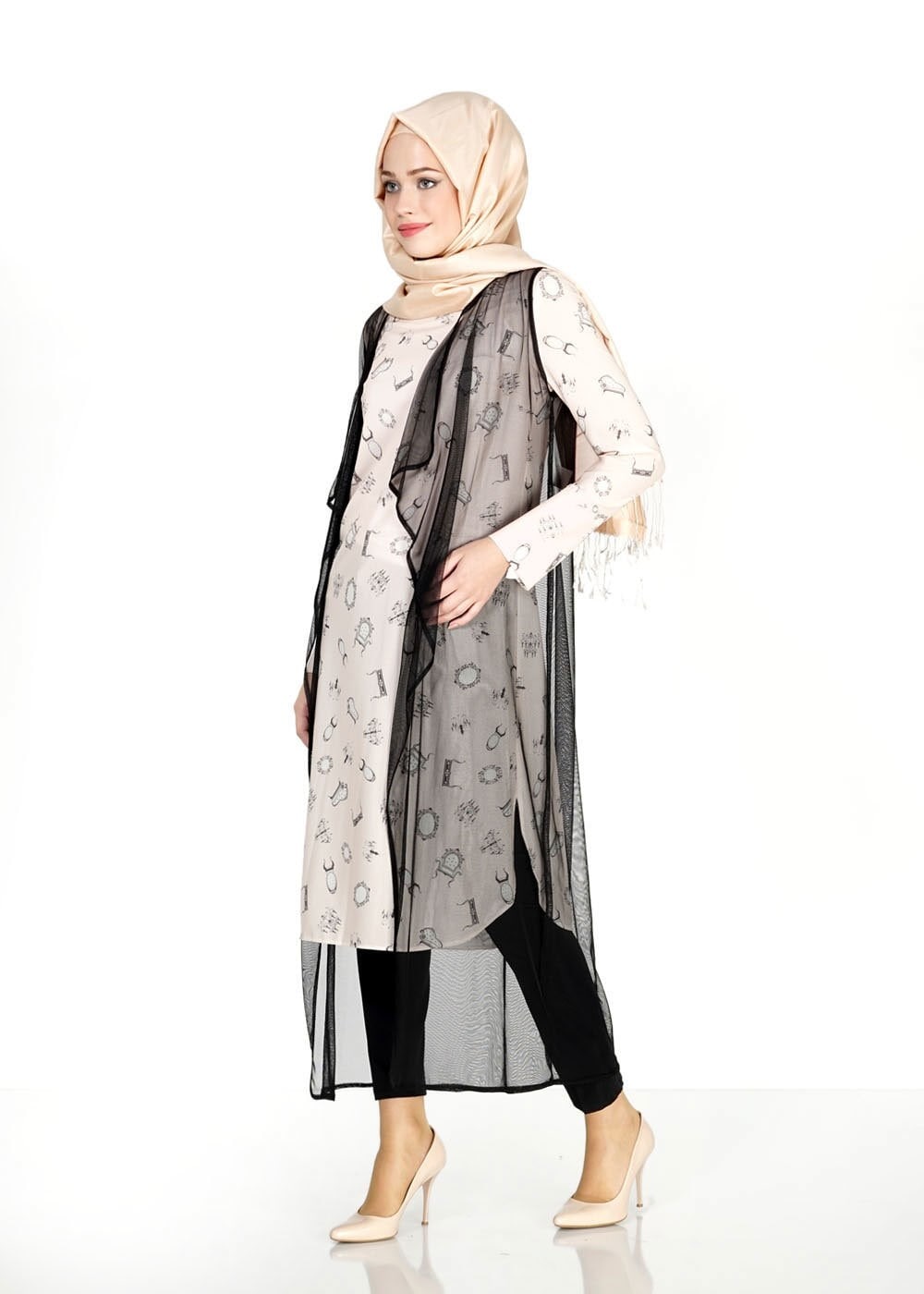 Tesettür giyim PUDRA MIX DESENLİ TÜL DETAYLI İKİLİ TUNİK 4957