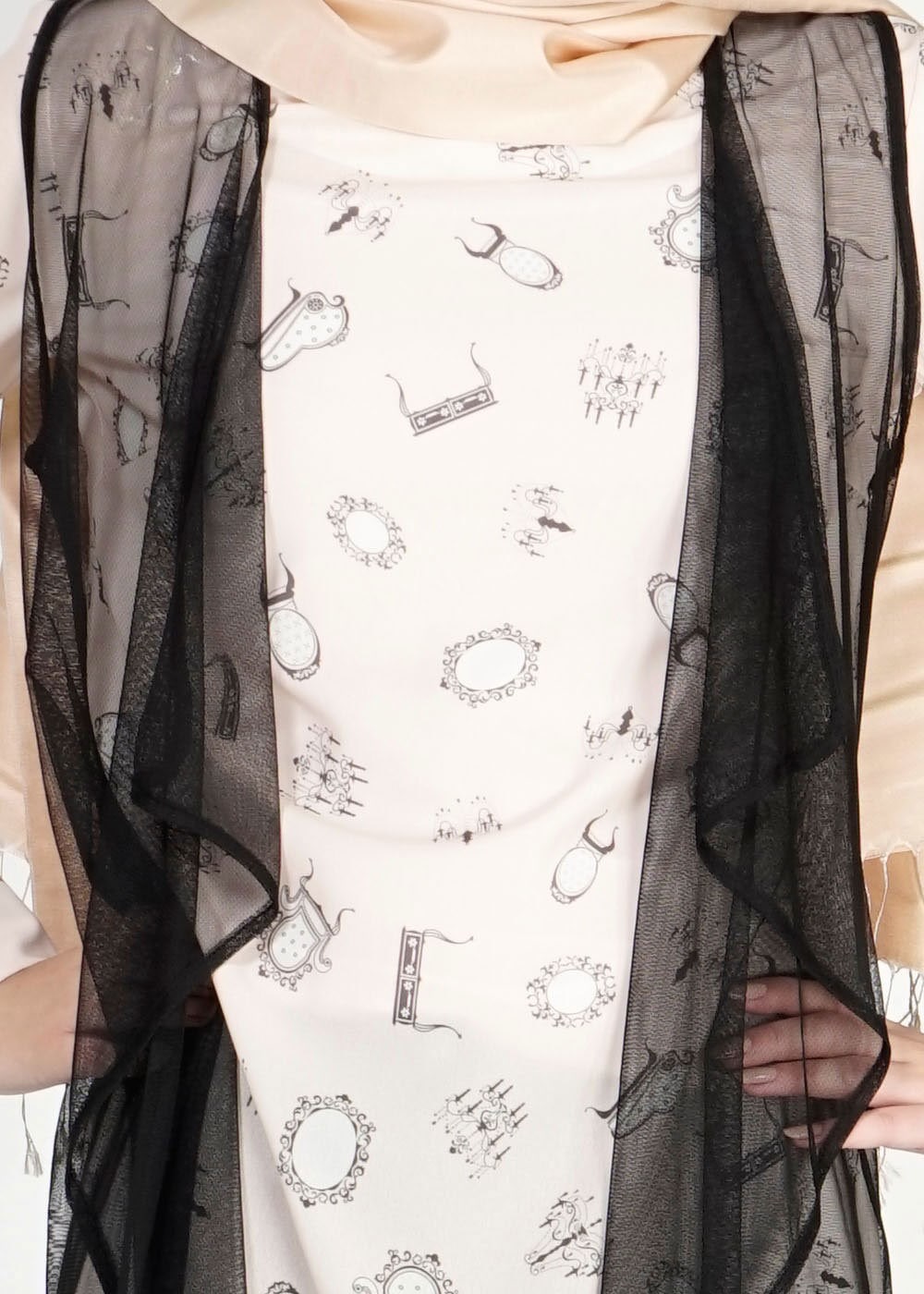 Tesettür giyim PUDRA MIX DESENLİ TÜL DETAYLI İKİLİ TUNİK 4957