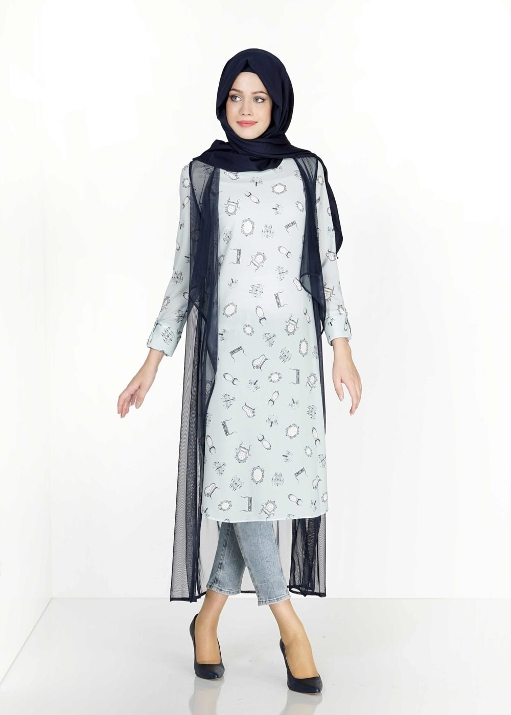 Tesettür giyim MAVİ MIX DESENLİ TÜL DETAYLI İKİLİ TUNİK 4957