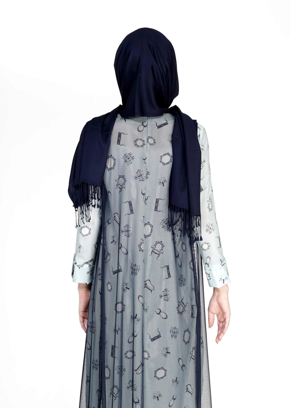 Tesettür giyim MAVİ MIX DESENLİ TÜL DETAYLI İKİLİ TUNİK 4957