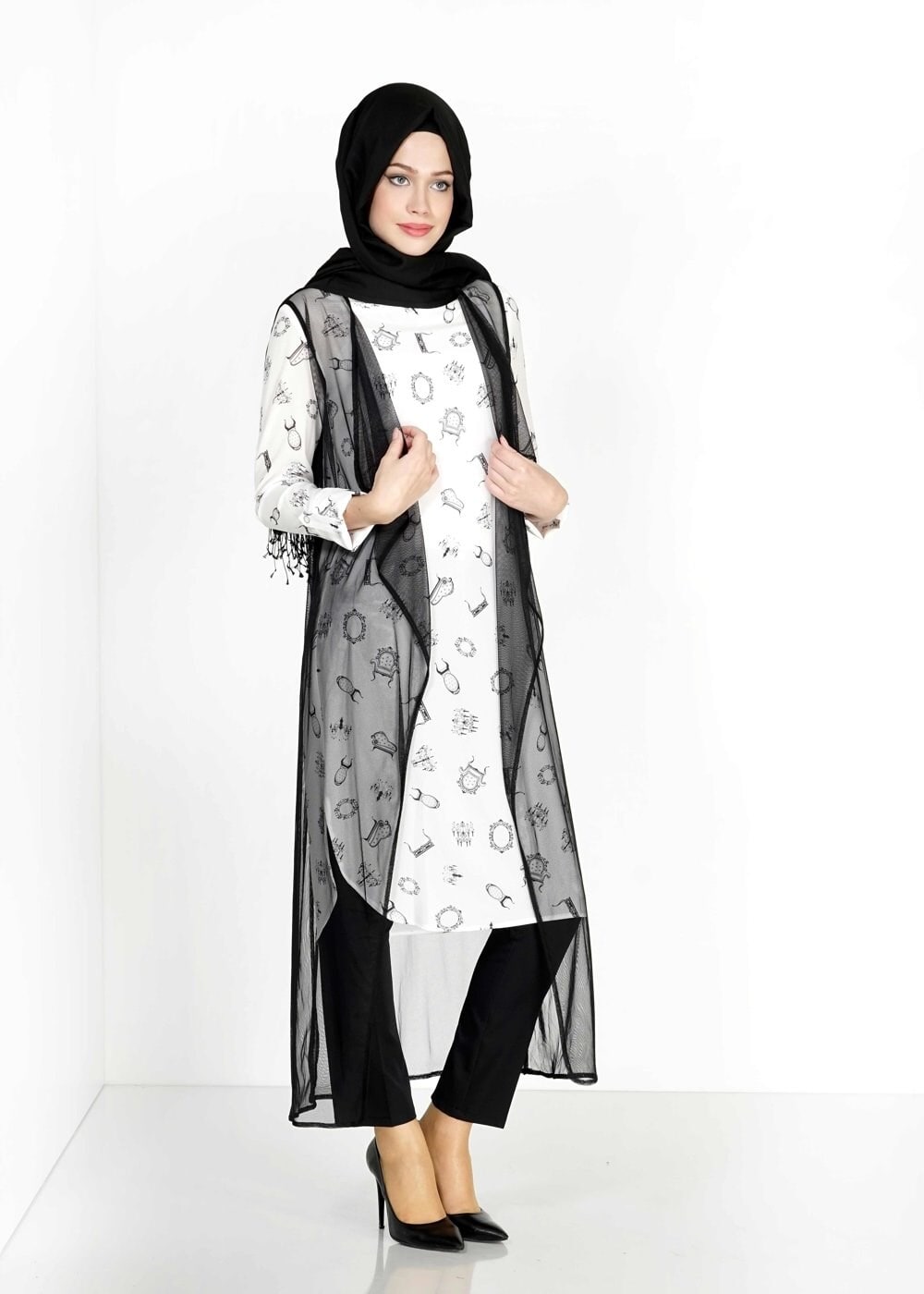 Tesettür giyim BEYAZ MIX DESENLİ TÜL DETAYLI İKİLİ TUNİK 4957