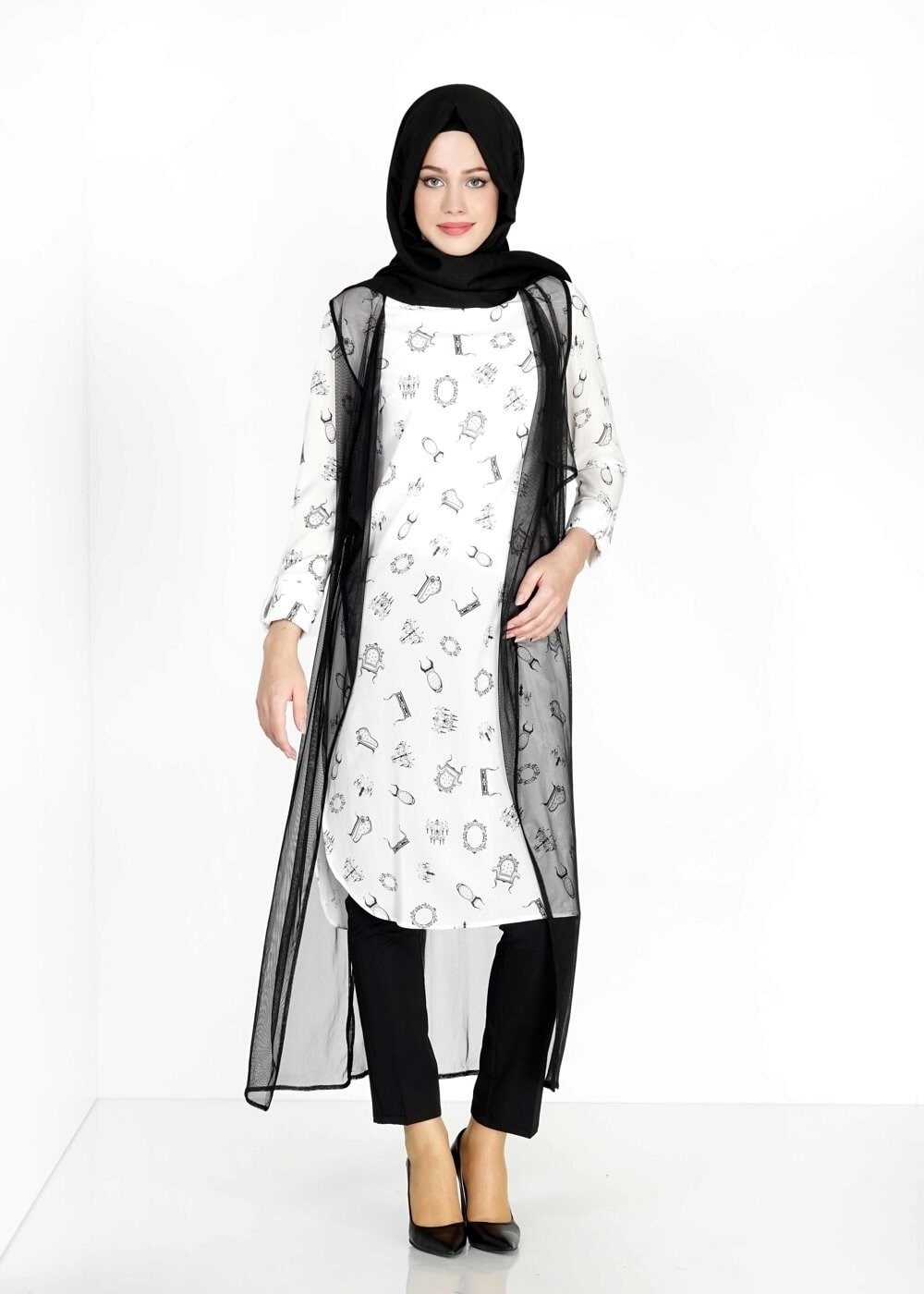 Tesettür giyim BEYAZ MIX DESENLİ TÜL DETAYLI İKİLİ TUNİK 4957