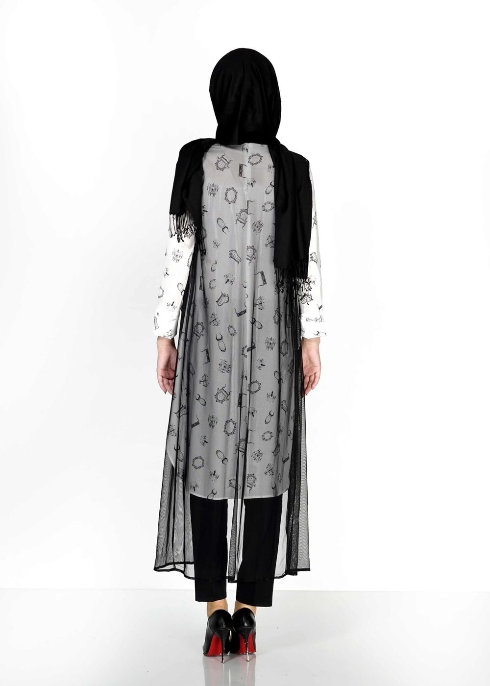 Tesettür giyim BEYAZ MIX DESENLİ TÜL DETAYLI İKİLİ TUNİK 4957