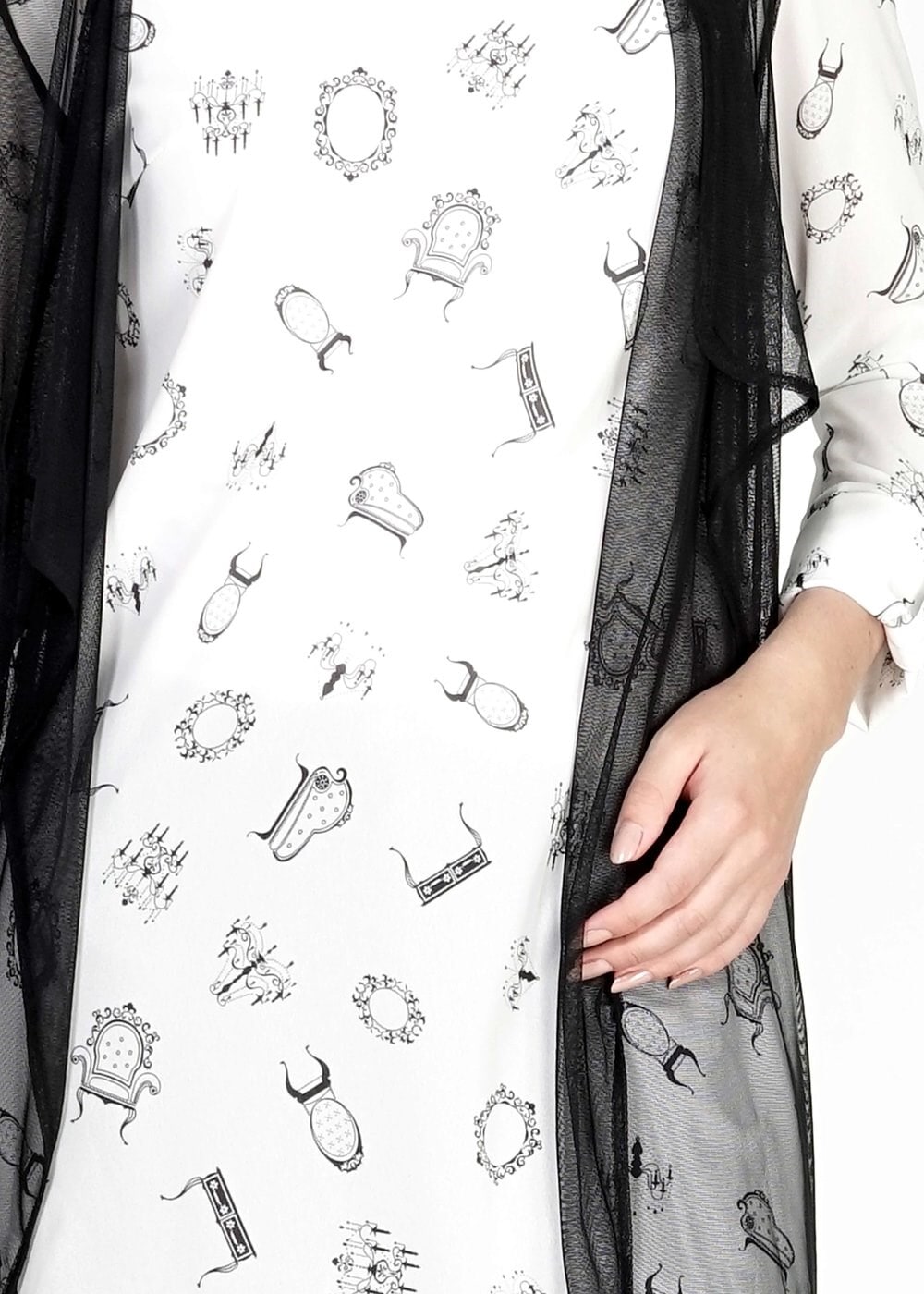 Tesettür giyim BEYAZ MIX DESENLİ TÜL DETAYLI İKİLİ TUNİK 4957