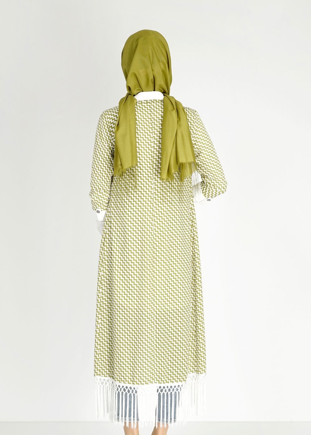 Tesettür giyim YEŞİL ZİKZAK DESENLİ PÜSKÜL DETAYLI 4960