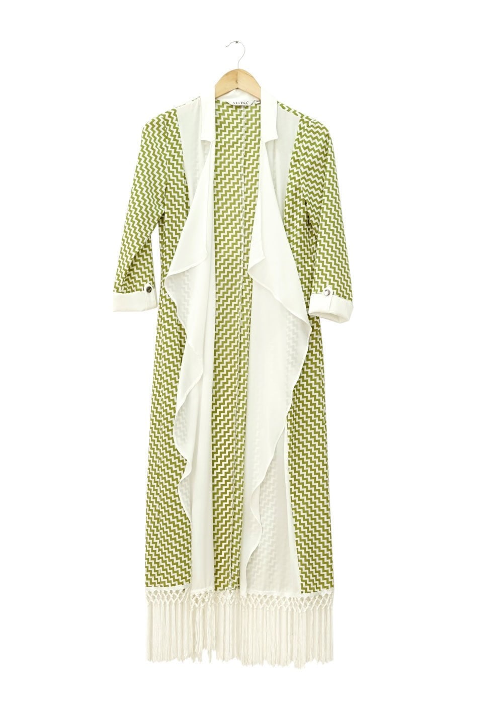 Tesettür giyim YEŞİL ZİKZAK DESENLİ PÜSKÜL DETAYLI 4960