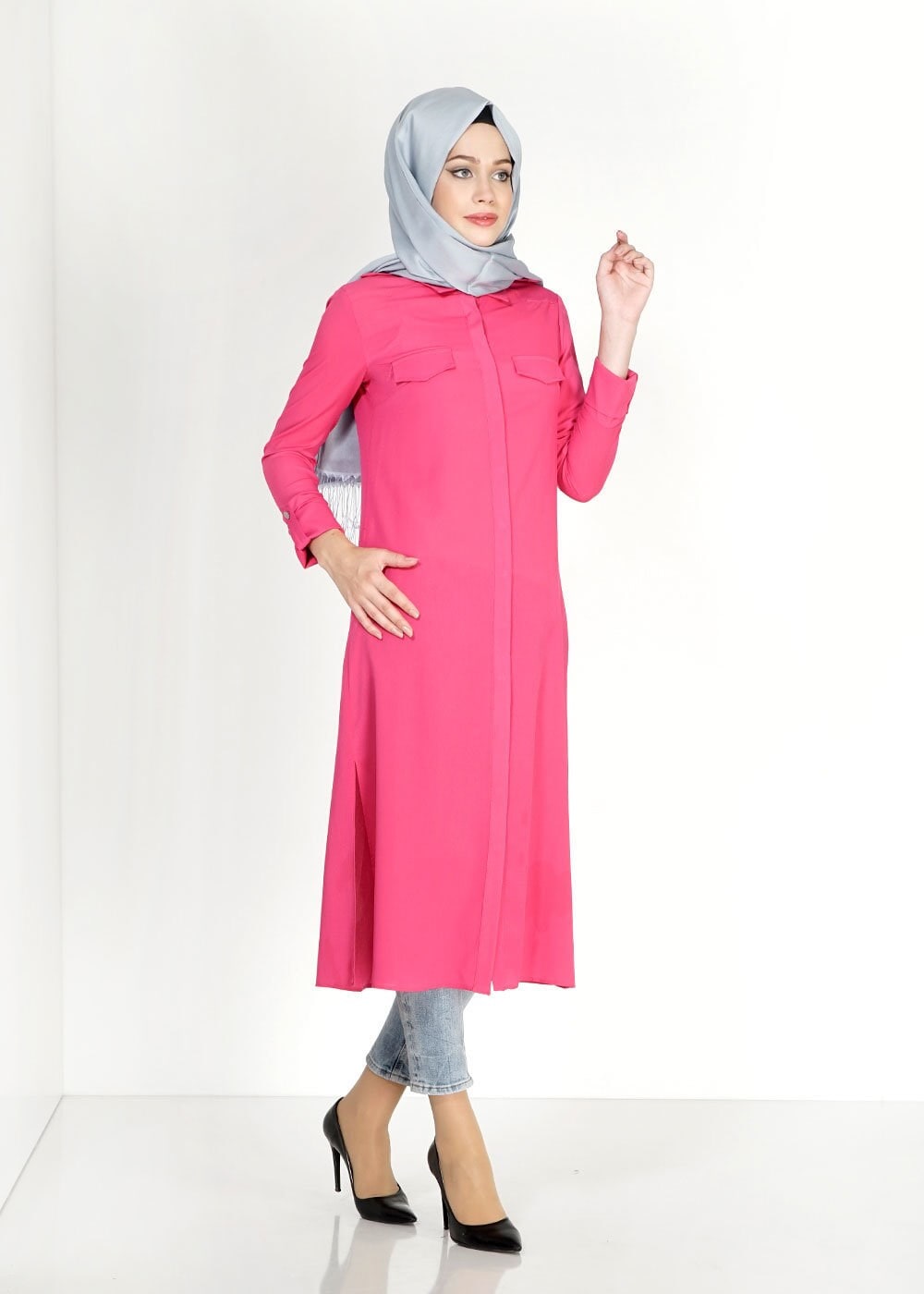 Tesettür giyim FUŞYA YIRTMAÇ DETAYLI TESETTÜR TUNİK 4965