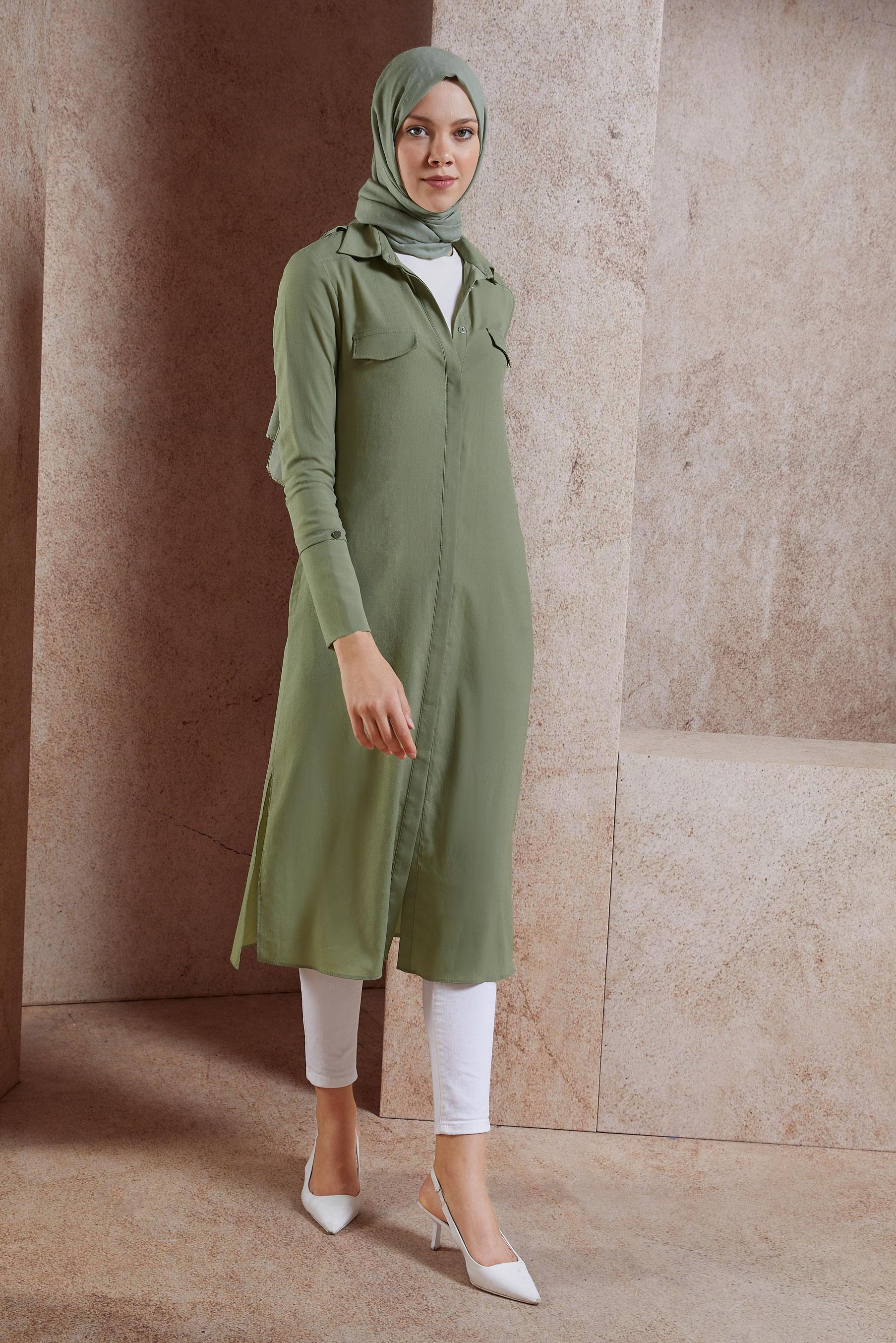 Tesettür giyim YEŞİL YIRTMAÇ DETAYLI TESETTÜR TUNİK 4965